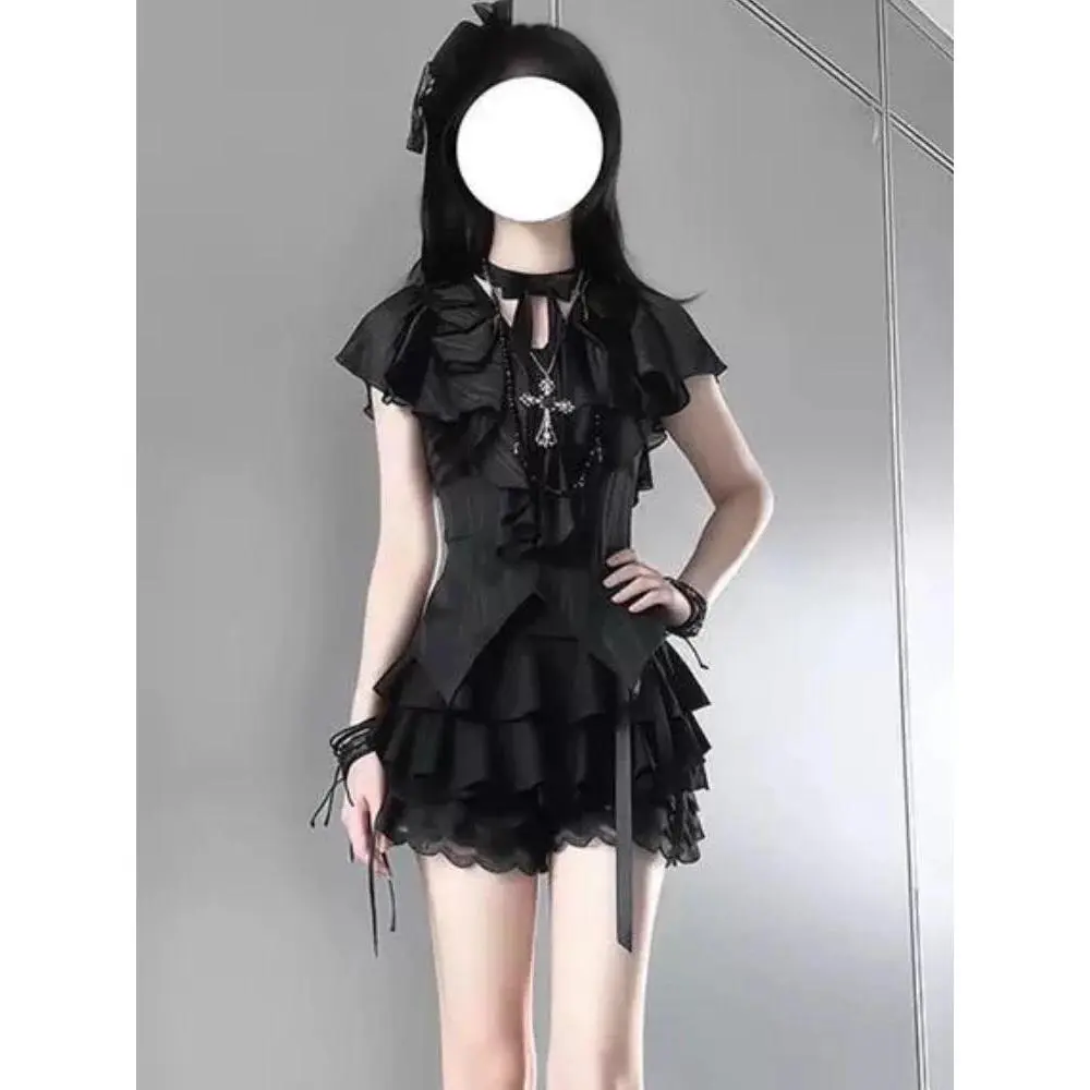 American Gothic Subculture Retro Outfit Women Patchwork Shirt + Short Skirt Dark Academia Vintage New Fashion Summer Suit 2025
