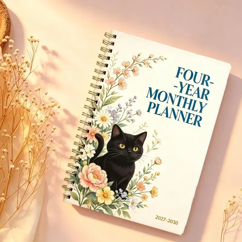 2027-2030 Monthly Custom Calendar - From January 2027 to December 2030, a four-year monthly custom calendar, black cat floral themed cover notebook, annual calendar customization, month tabs, 13.97cm x 21.08cm thick paper, elastic cover, Calendar Planner