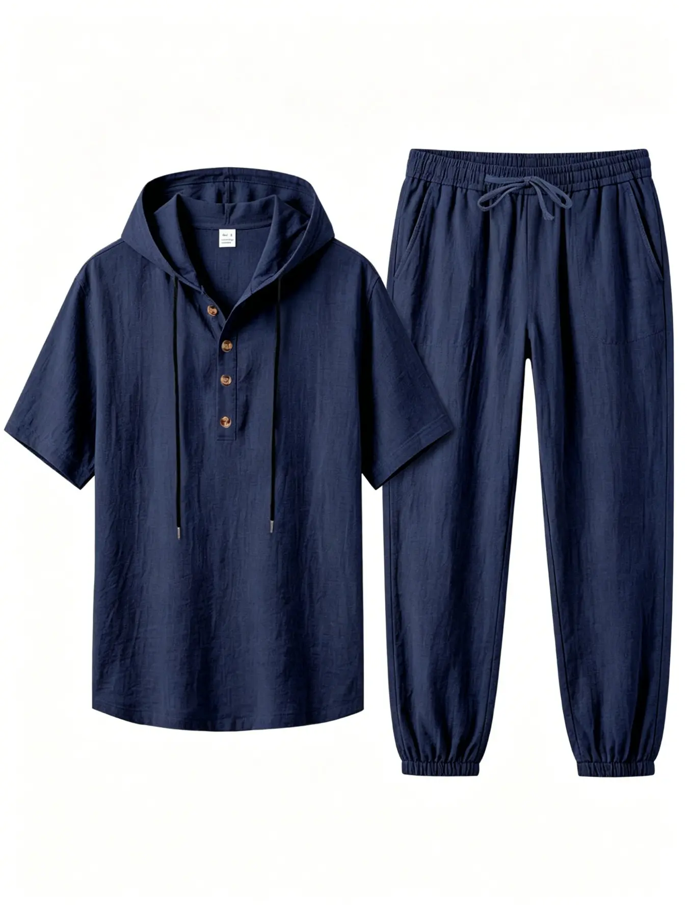 Mens Summer Thin Linen Two Piece Tracksuit, Drawstring Hood Half Placket Short Sleeve Top + Elastic Drawstring Waist Jog Pants Multi Color Daily Commute Resort Casual Outfit, Casual Sporty Set, Casual Sports Wear