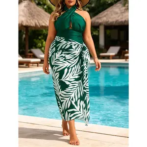 2026 New Plus Size Green Halter Cross Front One Piece Swimsuit Set, Keyhole Cutout Monokini with Tropical Leaf Print Wrap Sarong Cover Up, Elegant Bathing Suit for Beach Pool Vacation,Tummy Control Swimwear for Summer Holiday