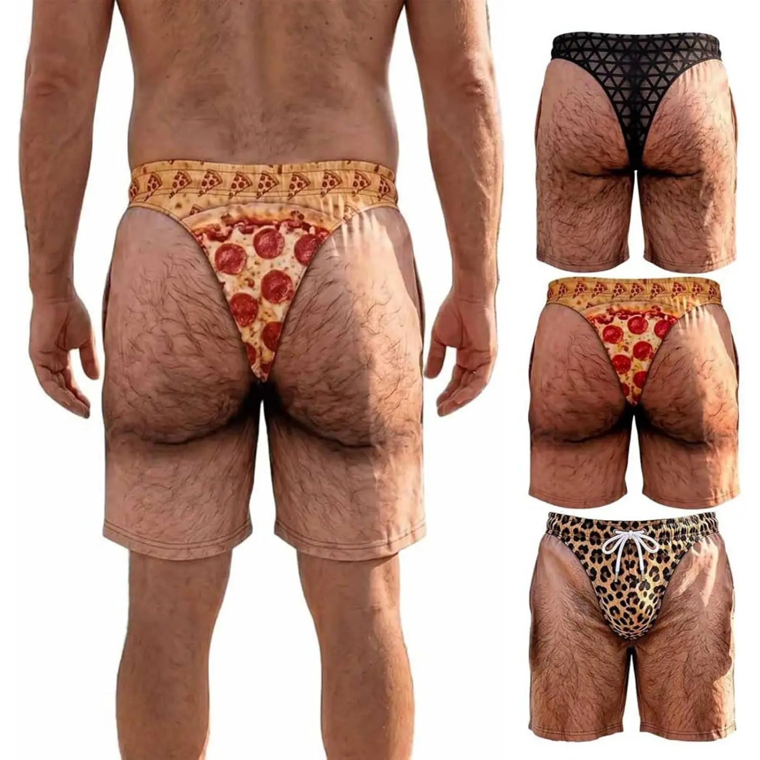 Novelty The Cheeky Commando Prank Beach Shorts with Mesh Lining, Funny 3D Hairy Legs Fake Briefs Swim Trunks, Men Gag Summer Vacation Gift