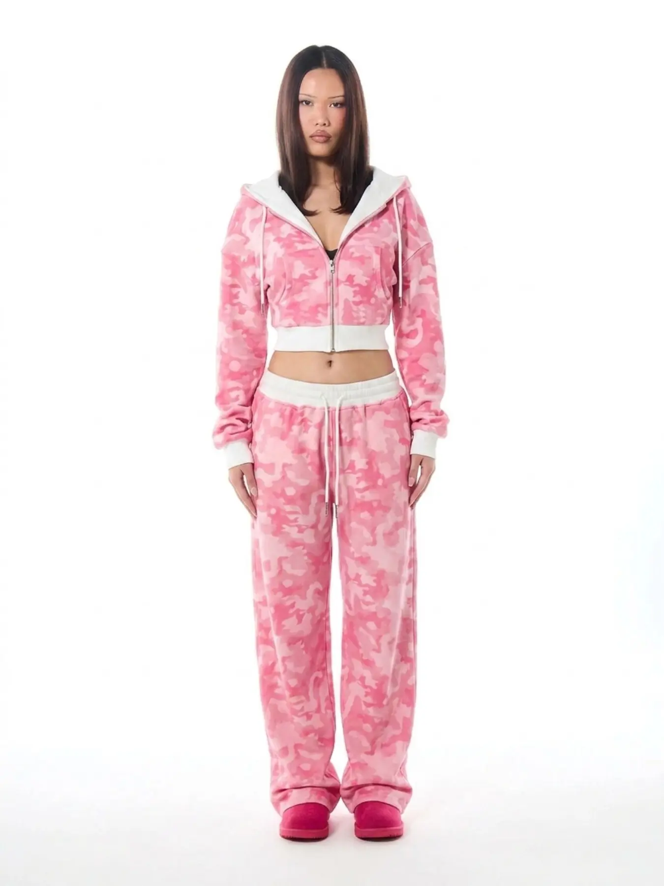 Women Pink Camo Cropped Zip Up Hoodie Sweatpants Set Y2K Long Sleeve Tracksuit Casual Two Piece Outfit Ladies Tracksuit