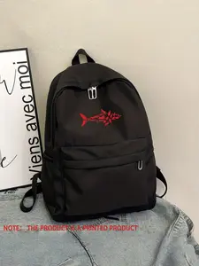 Trendy Shark Outline Print Backpack, Nylon Material, Durable & Easy to Clean, Perfect for School, Commute, Travel, Daily Use