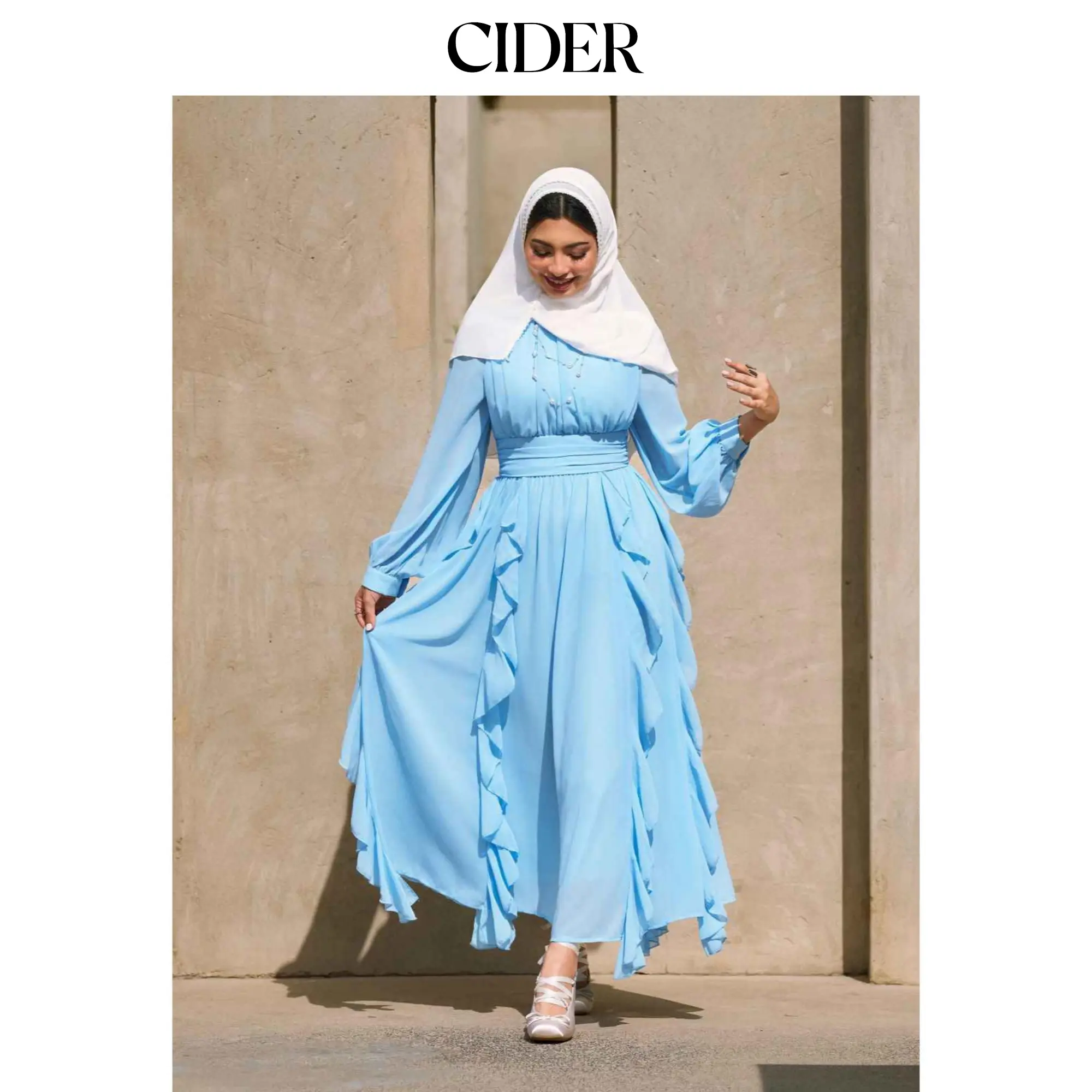 Cider Chiffon Stand Collar Ruffled Lantern Sleeve Flared Maxi Dress