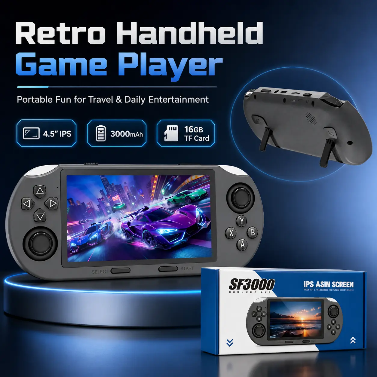 Compact Portable Handheld Game Console with 4.5-Inch IPS Screen, Rechargeable 3000mAh Battery and 16GB TF Card, Retro Gaming Gadget for Home, Trips and Gifts for Boyfriends and Teenage Gamers
