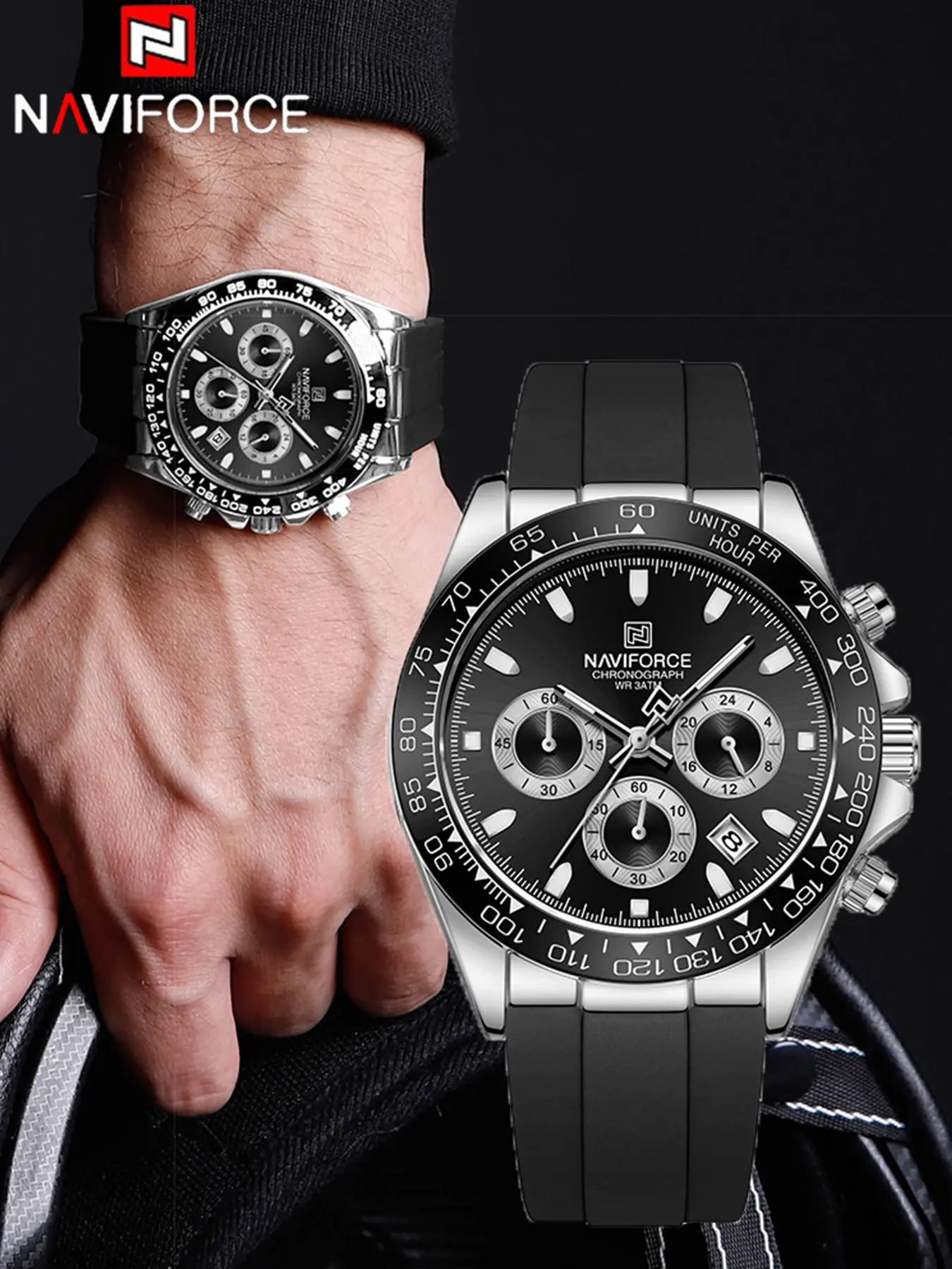 1Set NAVIFORCE NF8054 Men's Multi‑Function Chronograph, Luminous Pointer & Scale, 30 Meters Waterproof, Silicone Strap, Large Dial, Business & Sports Quartz Men's Watch, Multi‑Color Optional, Watch Box + Woven Bracelet.