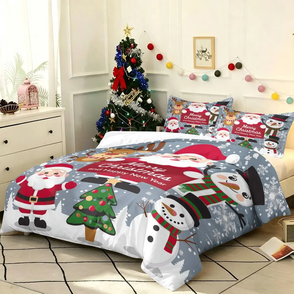 2/3Pcs Merry Christmas Duvet Cover Set, Cartoon Santa Claus Reindeer Snowman Bedding Set, Holiday Festive Bedroom Decor, Soft Microfiber Duvet Cover and Pillowcase for Kids and Family No Fillers