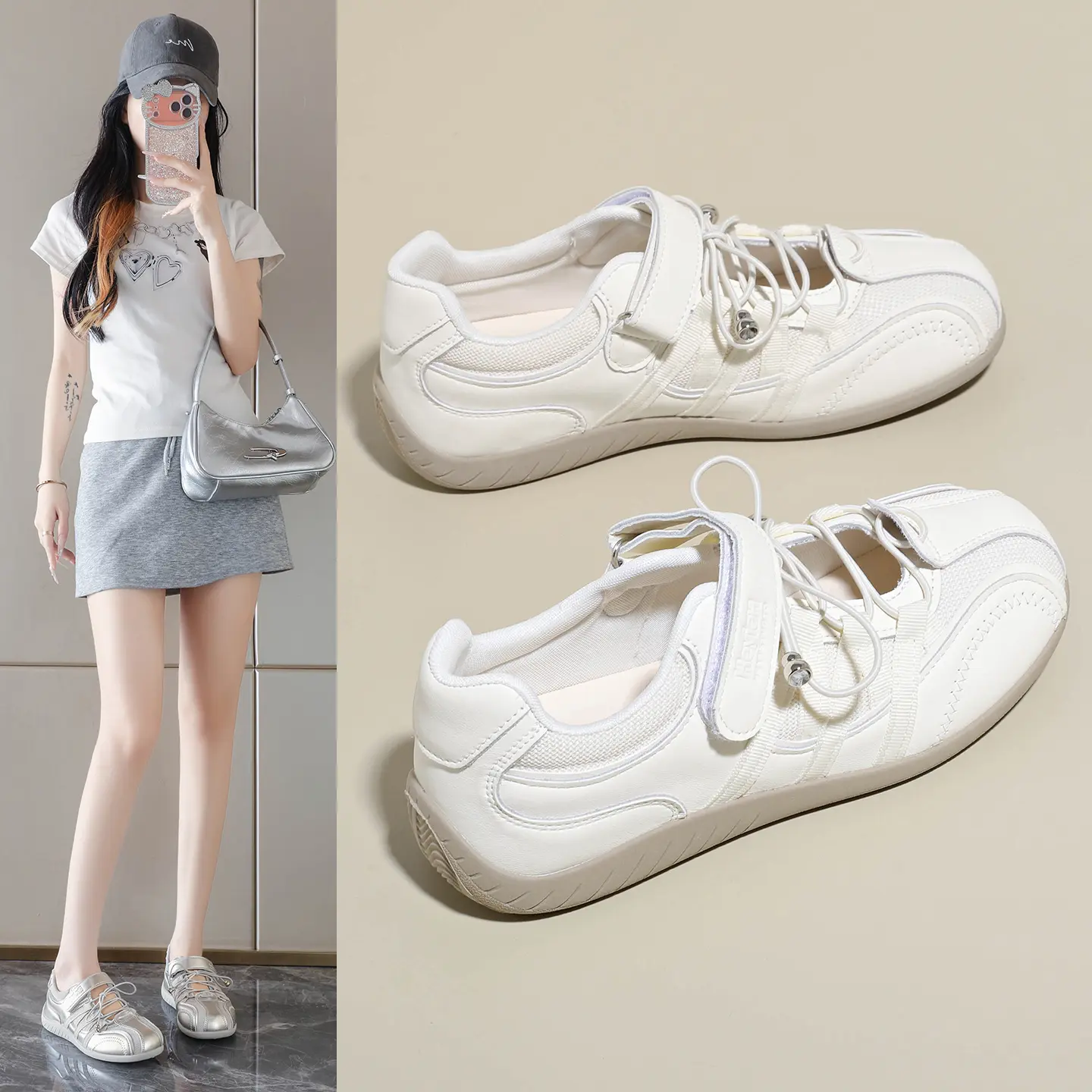 Women's Silver Cutout Strappy Mary Jane Footwear - Velcro Hook-Loop, Lace-Up, Lightweight, Breathable Athletic Training Sports Shoes for Casual Daily Walking