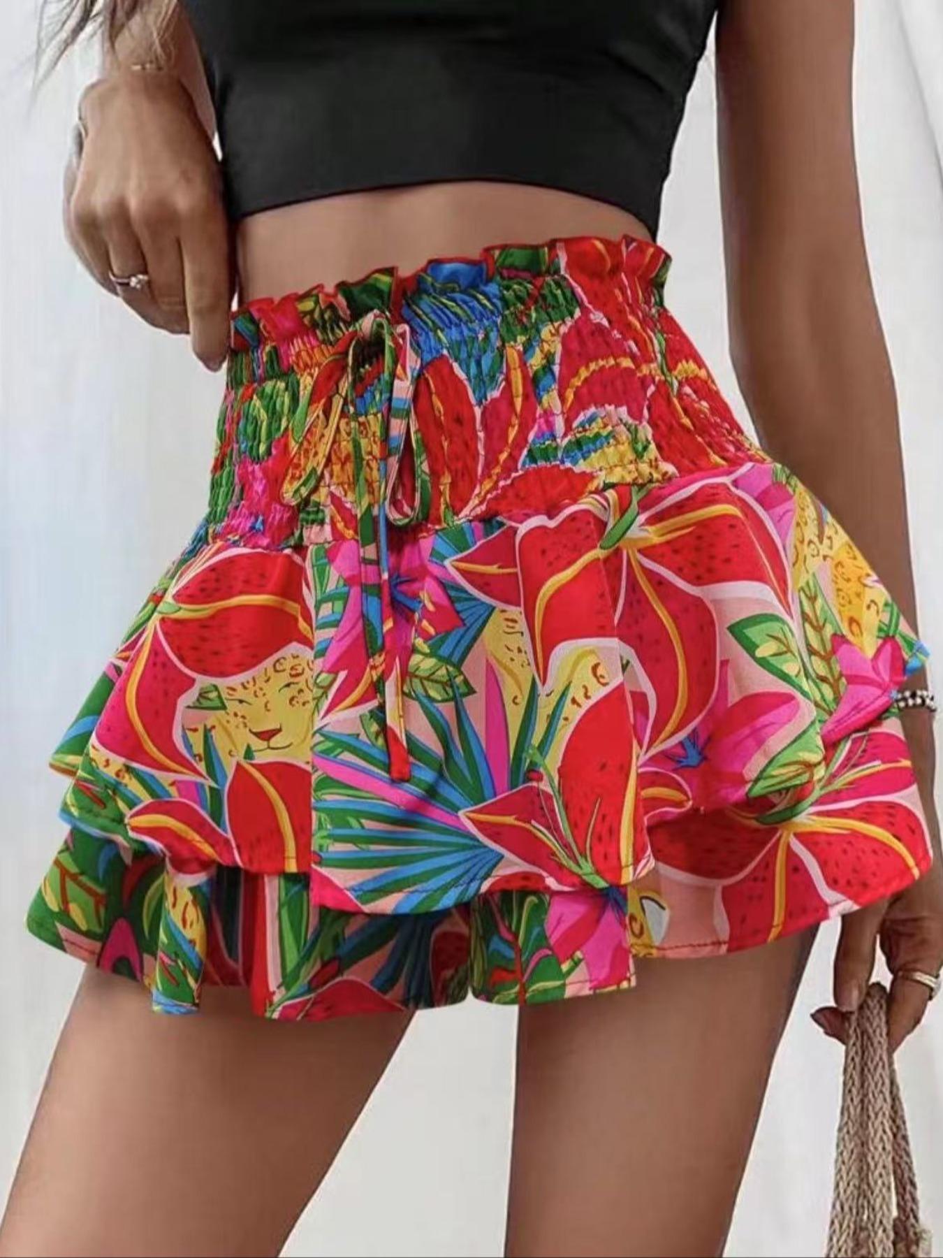 Women's Floral Print Woven Fabric Frill Trim Shirred Tiered Layer Shorts, Casual Lightweight Loose High Waist Tie Front Drawstring Wide Leg Shorts for Spring & Fall, Women's Bottoms for Daily Wear, 1 Piece Womenswear Women's Floral Print Woven Fabric Frill Trim Shirred Tiered Layer Shorts, Casual Lightweight Loose High Waist Tie Front Drawstring Wide Leg Shorts for Spring & Fall, Women's Bottoms for Daily Wear, 1 Piece Womenswear