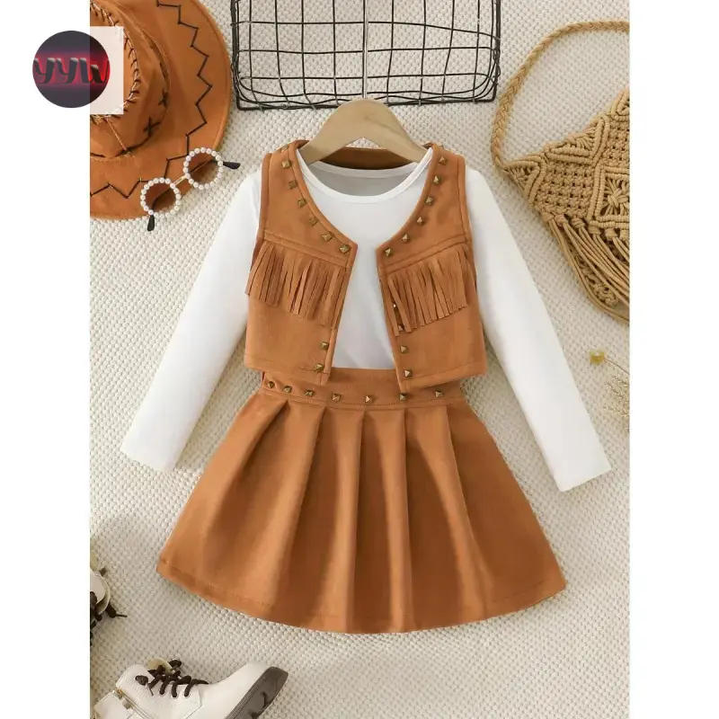 YYW1 Western cowboy style girls' three-piece set: studded fringe vest + white T-shirt + studded pleated skirt, suitable parties, an ideal choice and autumn wear