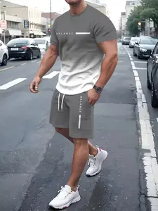 Men's Gradient Letter Signature 3D Full-Print Round Neck Pullover T-Shirt + Beach Shorts Set, Casual Summer, Lightweight