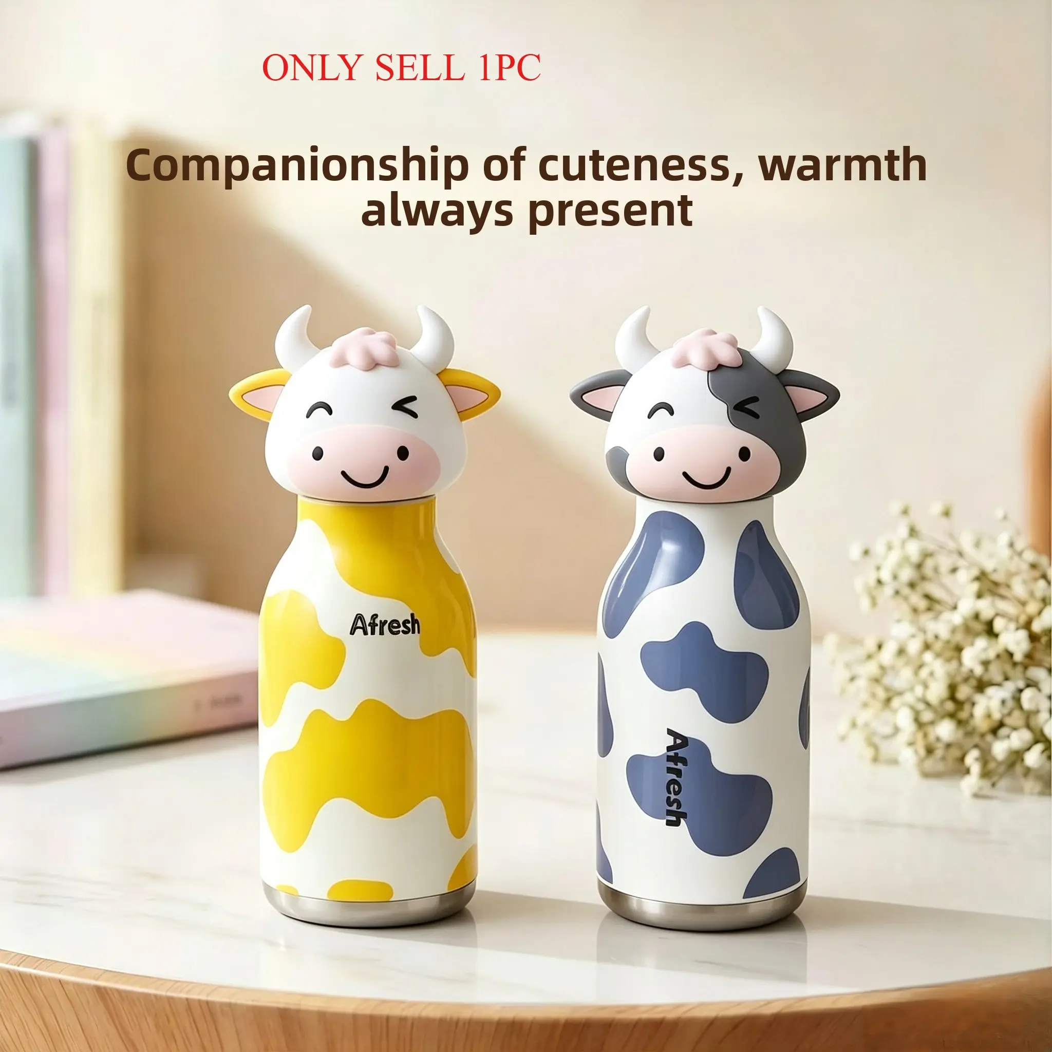 Poeny home girlfriend with the same cartoon doll 3D cute cow shape stainless steel food grade silicone leak-proof water cup suitable for children, students and young groups daily campus home office travel