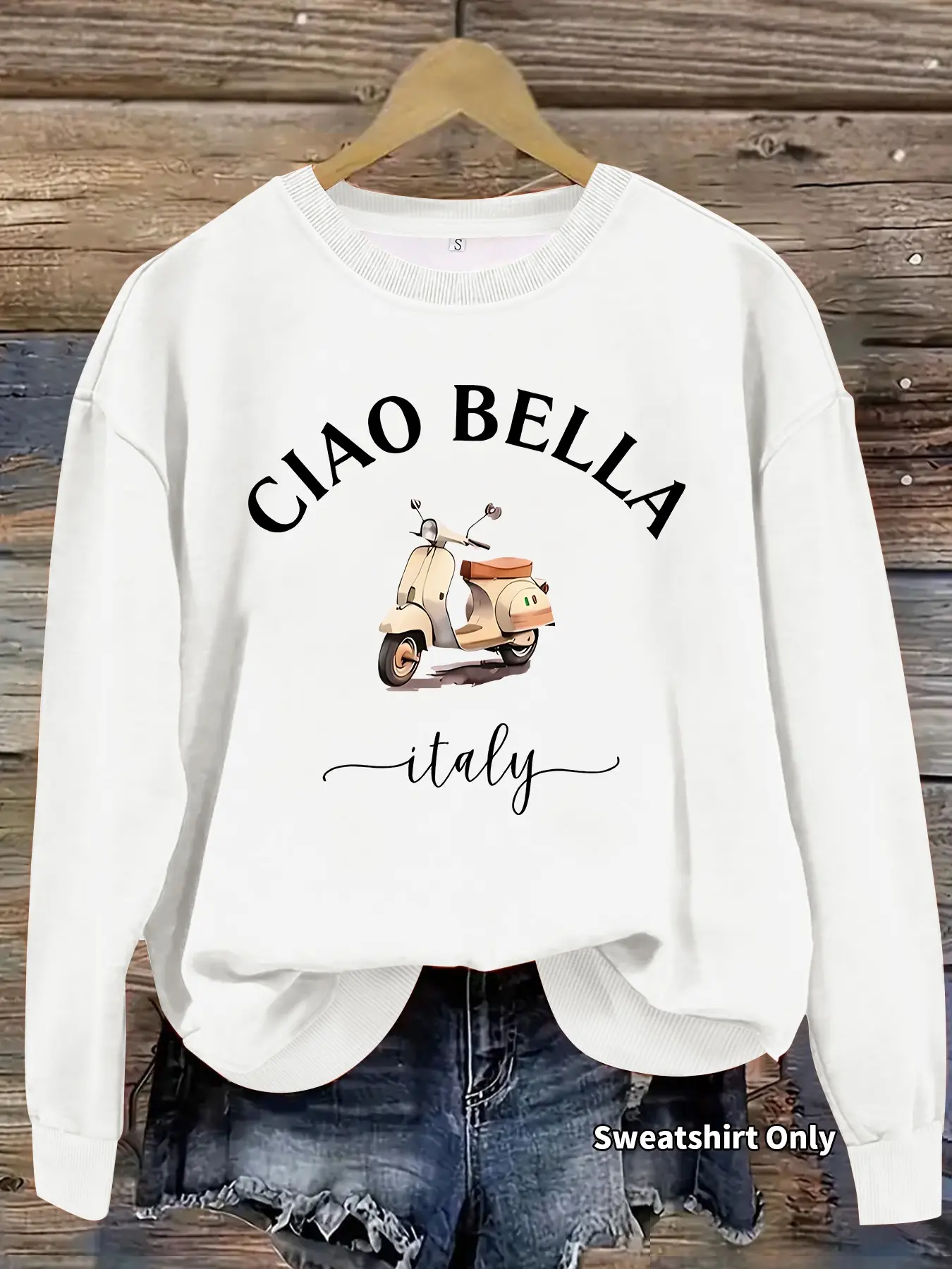Women's Casual Ciao Bella Skateboard Print Sweatshirt, Soft Long Sleeve Round Neck, Fall & Winter Comfortwear