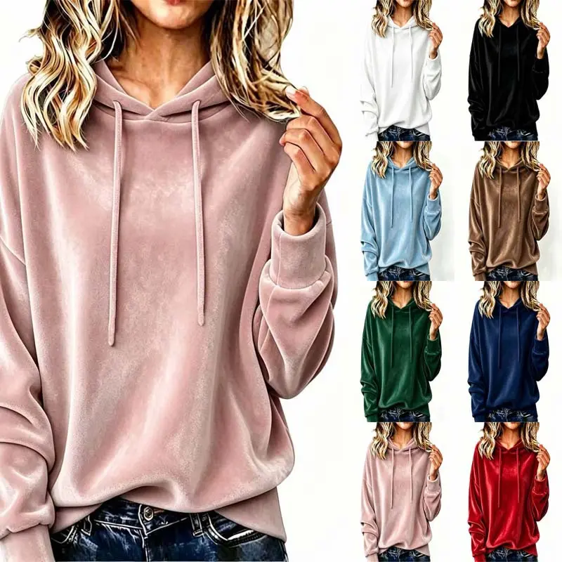Women’s Velvet Pullover Hoodie, Soft Long Sleeve Drawstring Sweatshirt, Relaxed Casual Top for Fall, Winter, Lounge, Travel and Everyday Wear