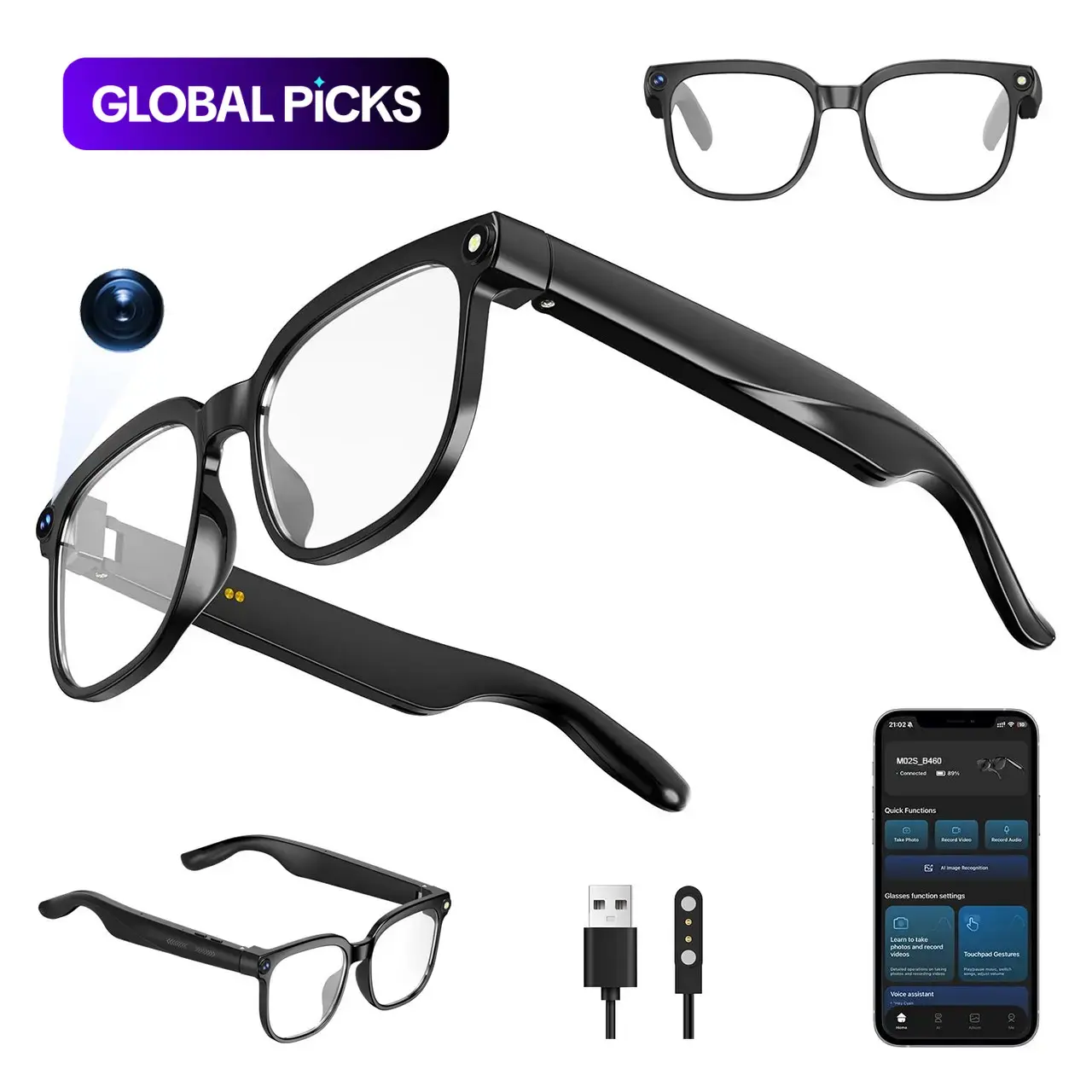 Smart Ai Glasses with Camera, 8m Phd Camera Glasses, Video Recording, Real Time Translation, Voice Assistant, Wireless Wearable Tech Glasses for Travel/meaningful Meetings/vlogging