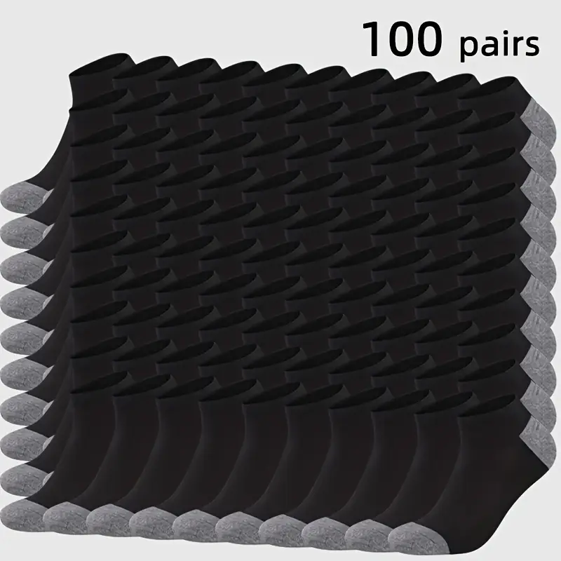 100 Pairs Men's All-Seasons Low-Cut Crew Male Socks - Breathable, Moisture-Wicking Athletic Socks with Arch Support, Black & Grey Color-Block, for Gym Office Travel, Bulk Pack Easy Care (Hand Wash/Dry Clean)