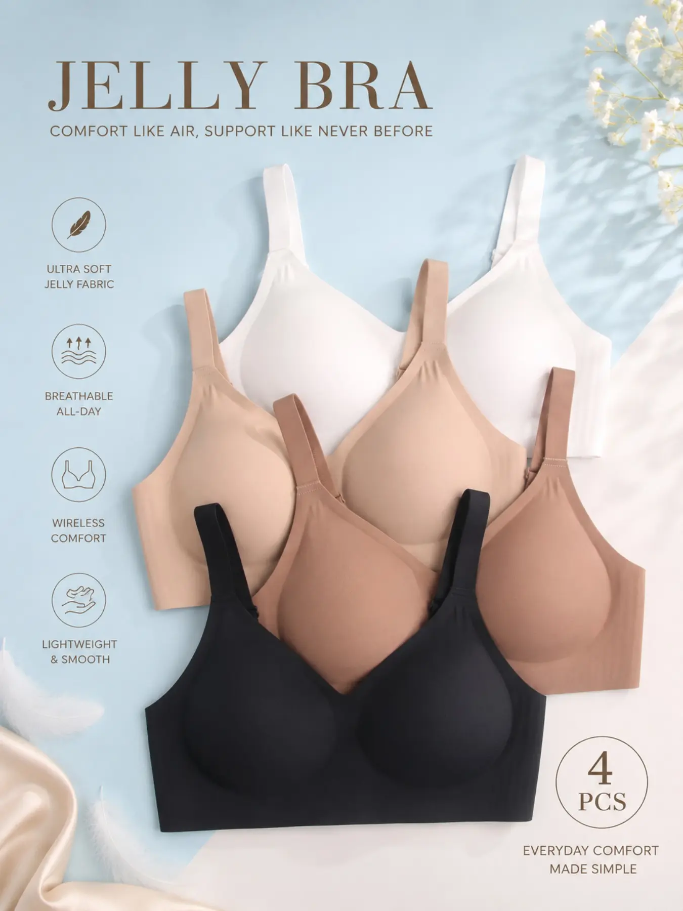 4 PCS Jelly Bra, Deep V Neck, Medium Support, Fitted, Lined, No Underwire, Comfortable Daily Wear, Women's Bras, Smooth, Jelly Wireless Bralette