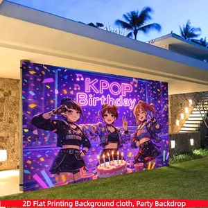 2D Flat 1PC K-pop girl group birthday theme banner, Photo Backdrops, available indoors and outdoors, suitable for Korean fans birthday party wall decoration, neon confetti theme portrait shooting background cloth, polyester material multiple sizes