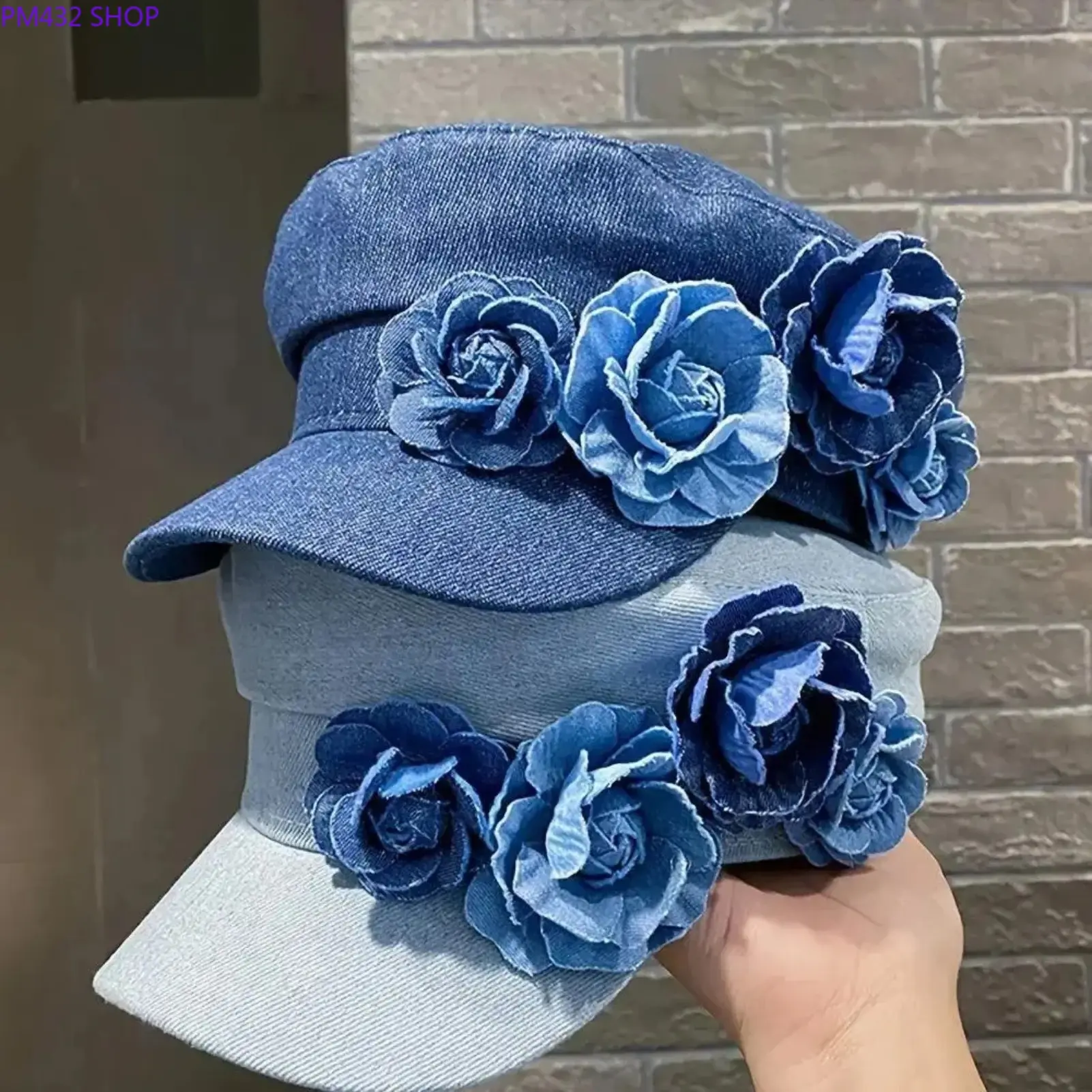 Female 3D Rose Floral Denim Newsboy Cap - Adjustable Octagonal Beret for Spring, Fall Daily Casual Outfits, Party