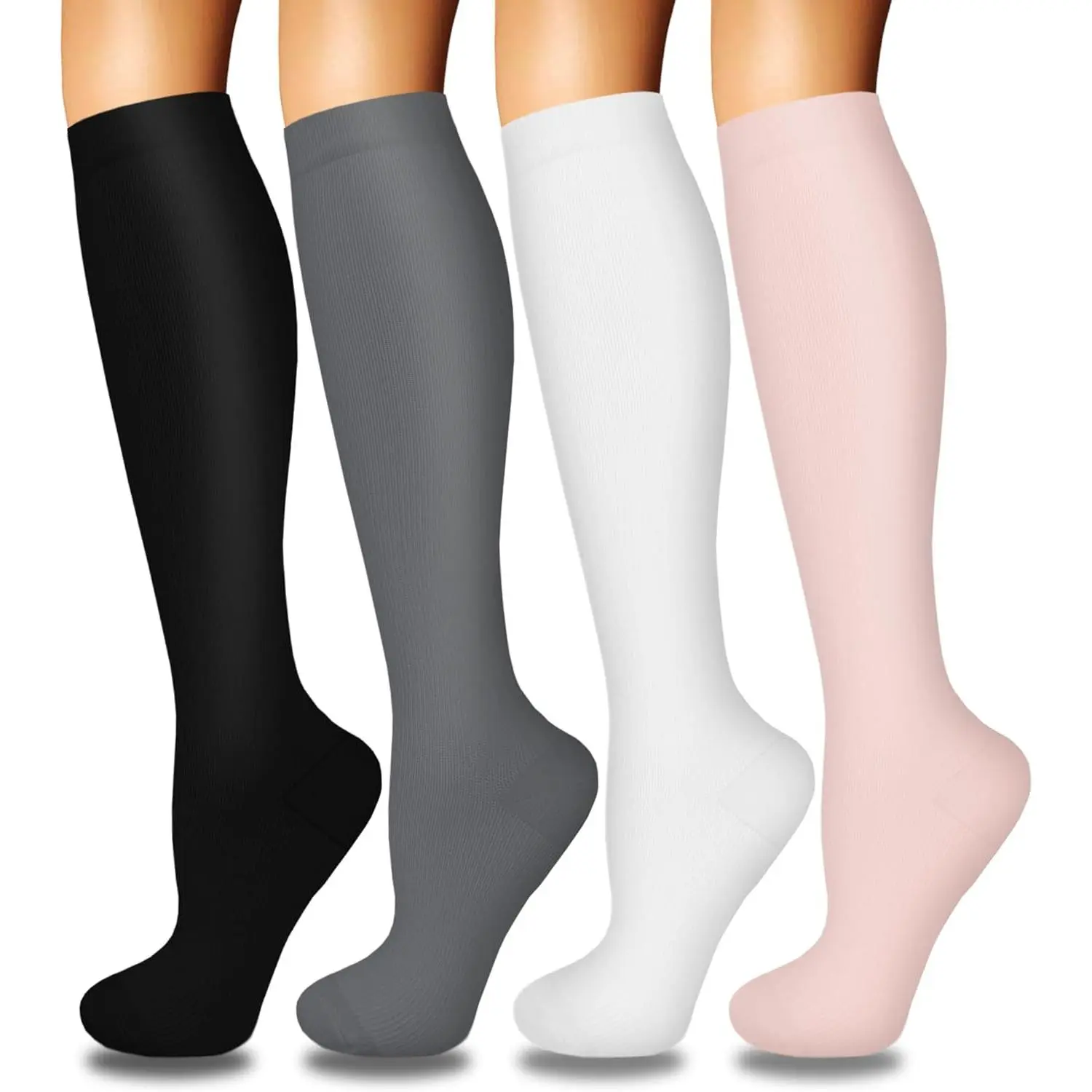 Women's Compression Stockings, 4-Pair Patterned Knee-High Pack for Nurses, Travel & Athletic Support, Basic