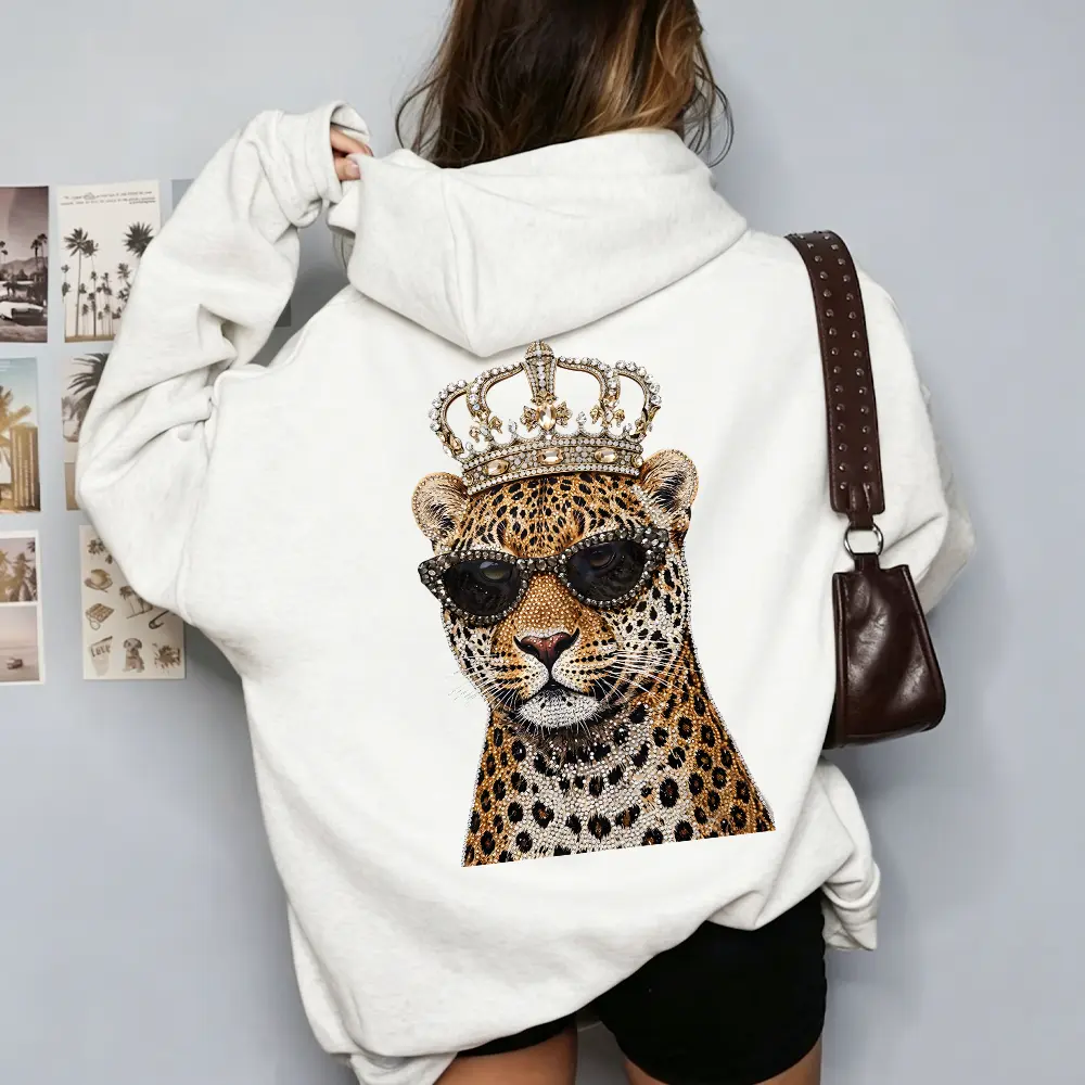 Sparkly Rhinestone Leopard Back Graphic Hoodie | Trendy Crown Sunglasses Y2K Aesthetic Oversized Sweatshirt for Men Women, Baddie Streetwear Casual Pullover Top
