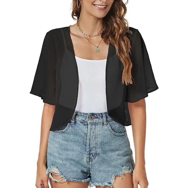 Women's Dressy Bolero Shrug, Short Sleeve Silky Chiffon Open Front Cover Up, Lightweight Crop Length for Evening Arm Coverage, Hides Flesh On Arms, Cold Wash, Office, Open Front Aesthetic, Party