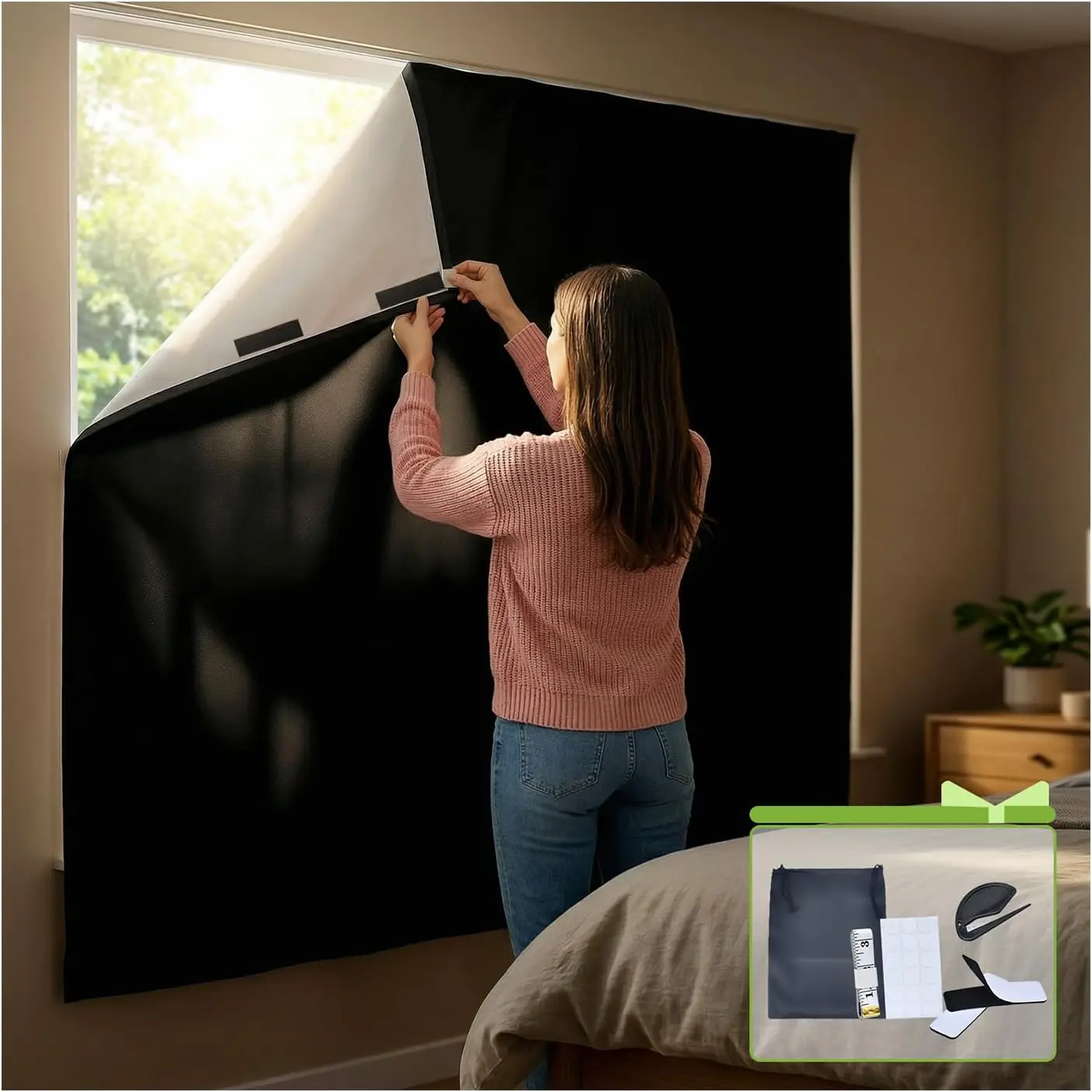 Blackout Curtains 118" x 57" No Drill Temporary Blackout Shades with Stickers for Bedroom Windows and Skylight Shade