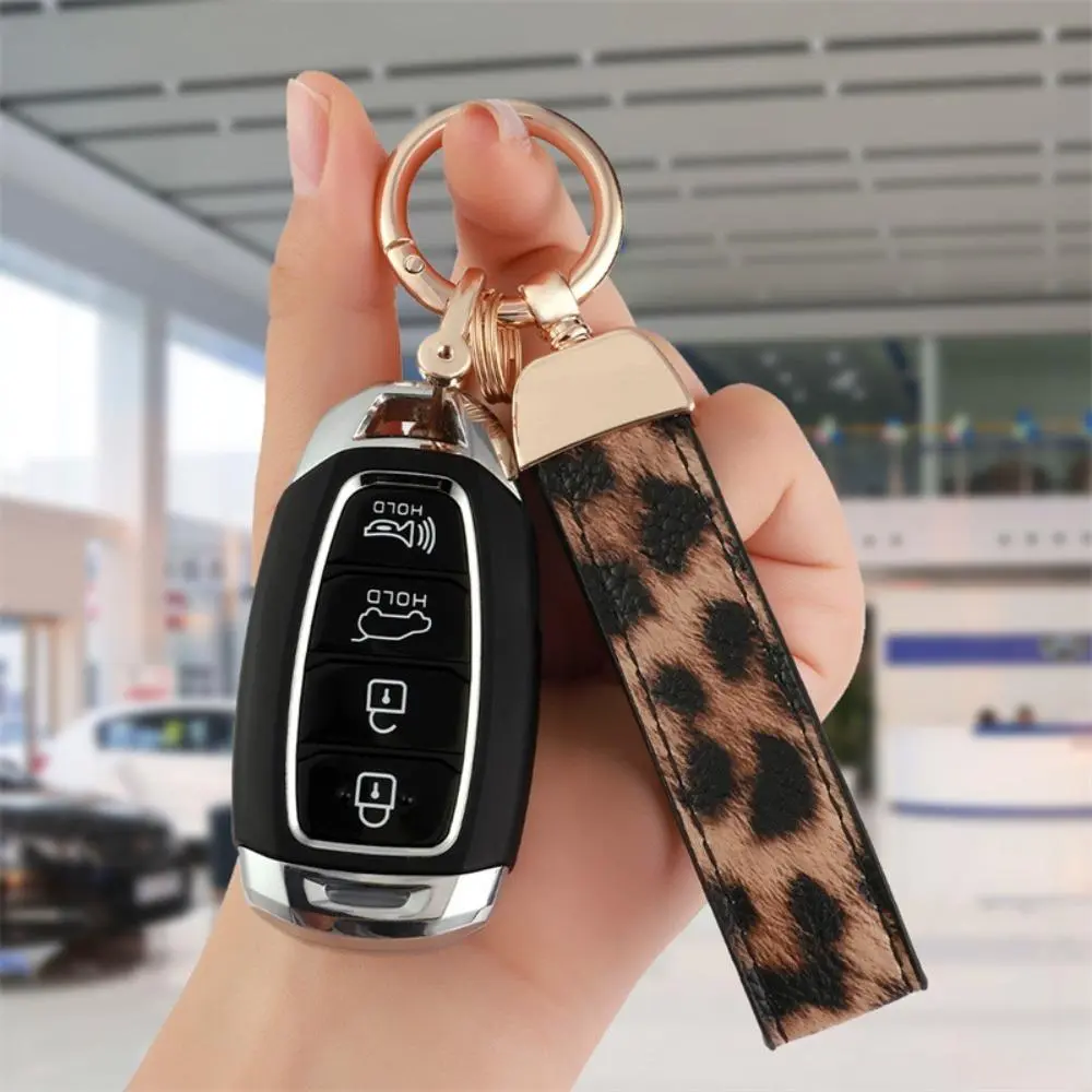 Women's Leather Wristlet Keychain, Coquette Leopard Print with Cherry Accent, Compact Key Fob Holder and Decorative Bag Charm, Leather Strap, Romantic, Anti-Tarnish Plating, Keychains For Women, Graphic, Premium Leather