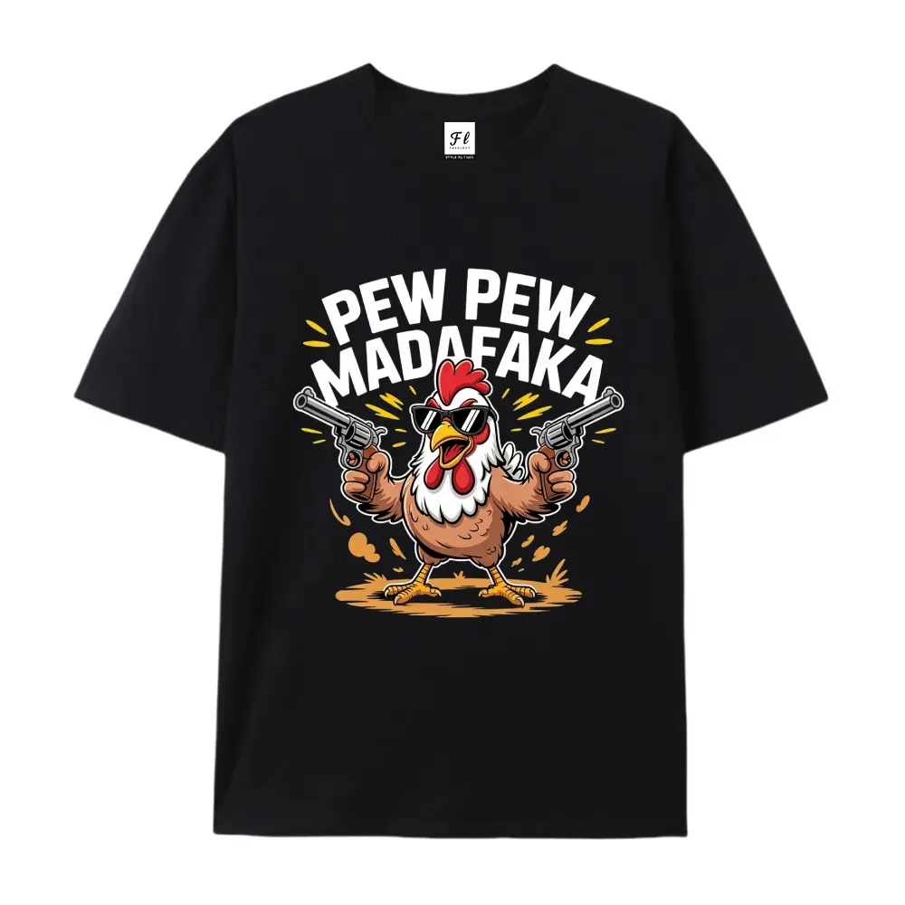 Cool Western Rooster Dual Pistols Cartoon T-Shirt, Retro Funny Animal Attitude Graphic Unisex Cotton Tee