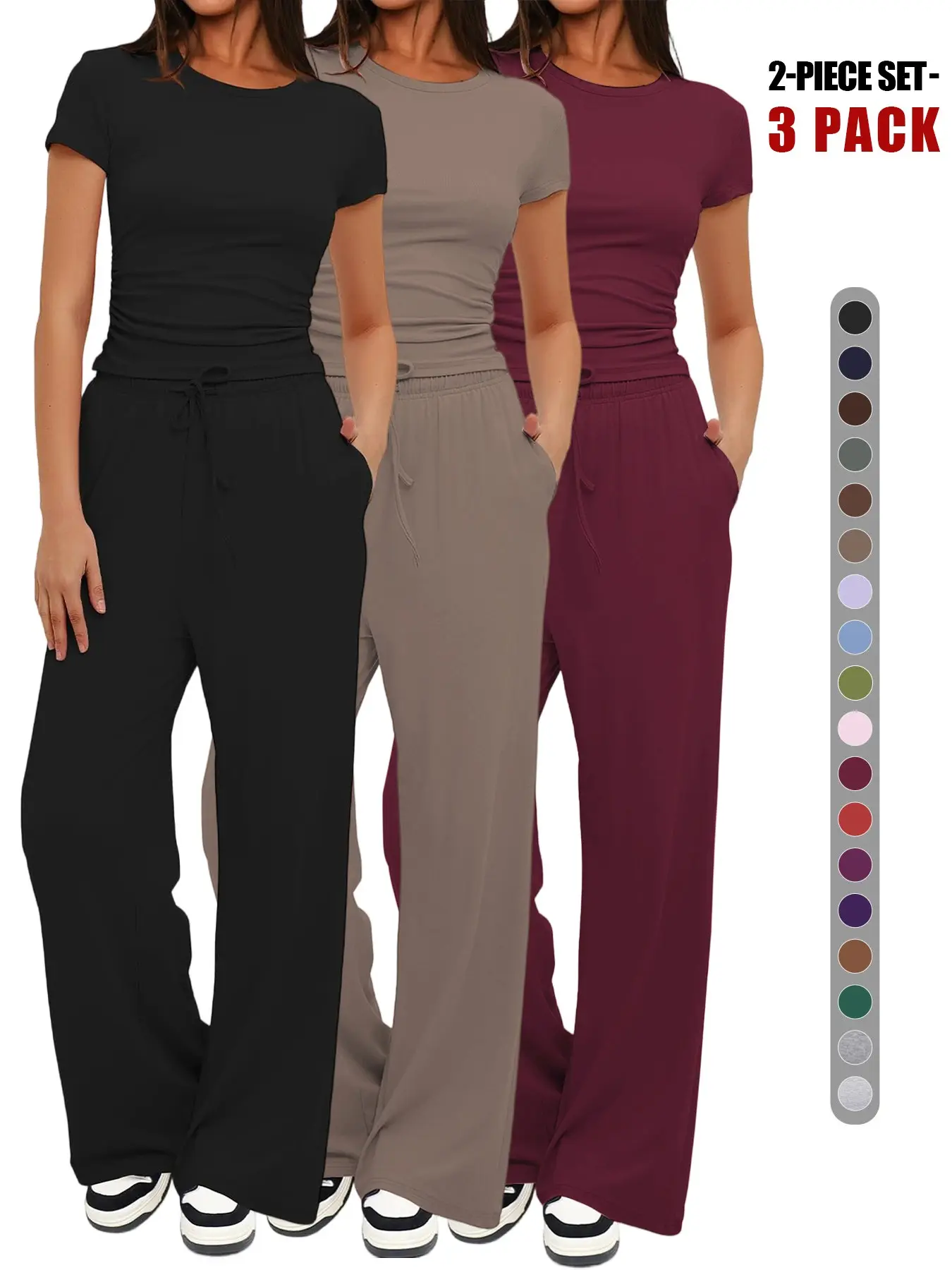 Women's 2-Piece/6-Piece Short Sleeve & Wide Leg Pants Set, Slim Fit Casual Sleepwear, Plain Color Comfortable Home