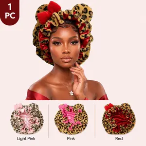 Leopard Bow Shower Cap for Women, Cute Plush Hair Bonnet with Satin Lining, Waterproof Bath Cap for Curly Hair, Travel Hair Cover