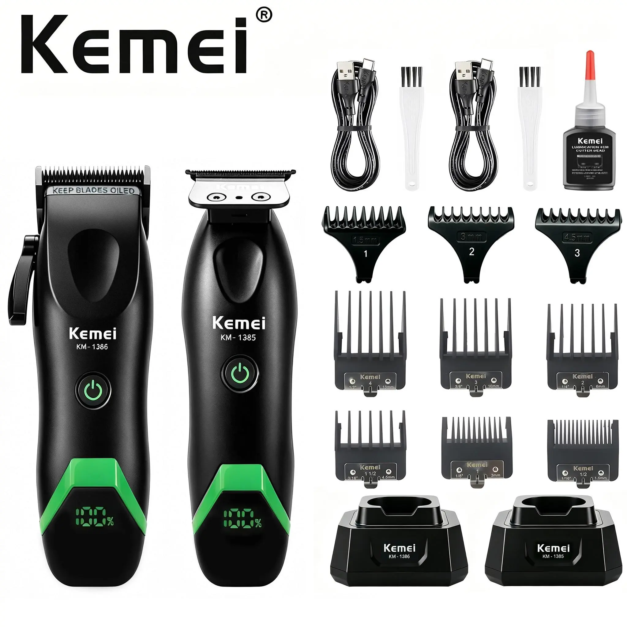 Professional Men's Grooming Kit, Km-1386 Hair Clipper + Km-1385 Trimmer, 8000rpm, Dlc Blade, LED Display, 2000mah Battery