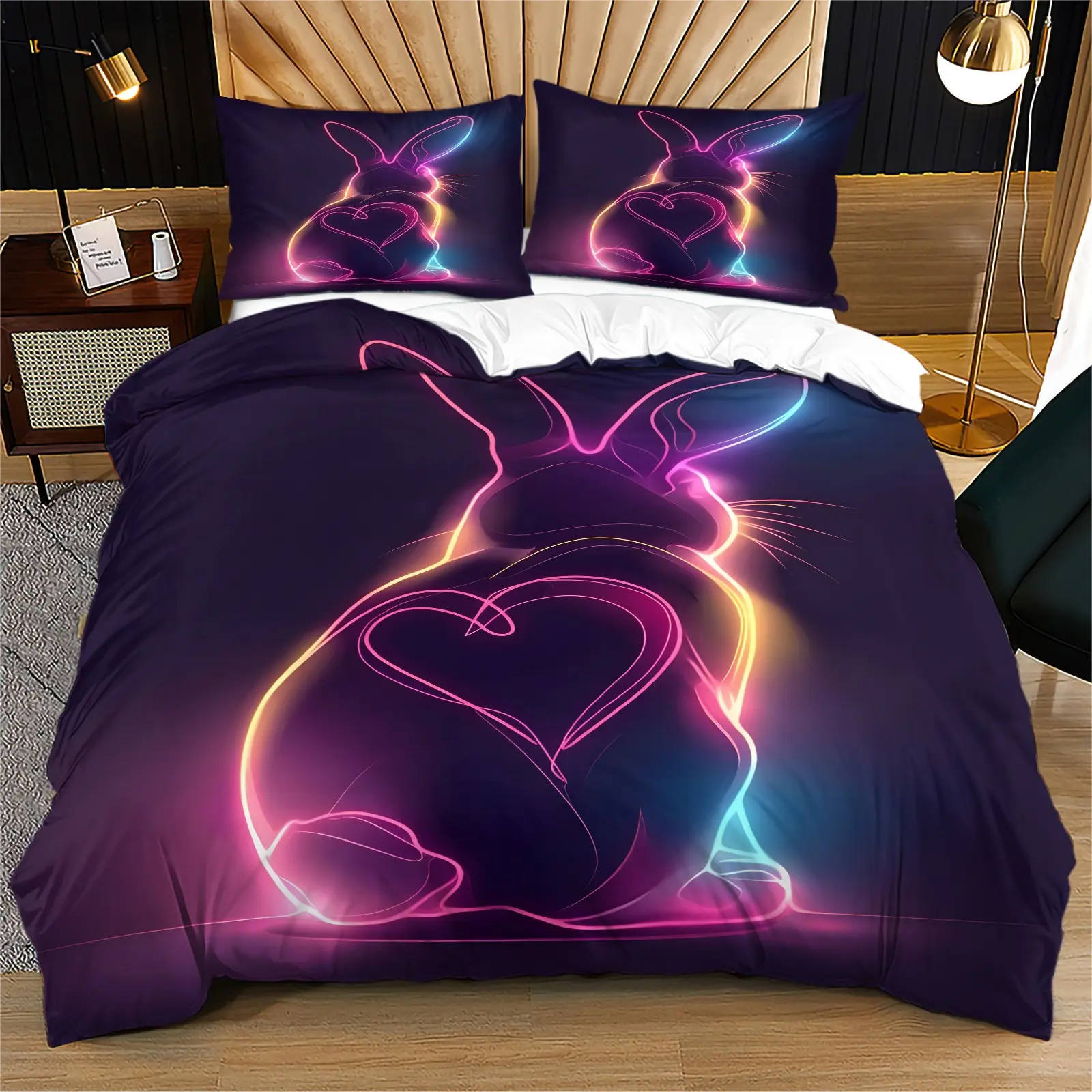 Gradient Neon Line Rabbit With Heart Print Duvet Cover Set, Dark Purple Background Cute Glowing Bunny Pattern Bedding Set, Soft Lightweight Breathable Machine Washable Bed Cover, Zipper Closure & Corner Fixing Ties, Includes 2 Pillowcases - without Core