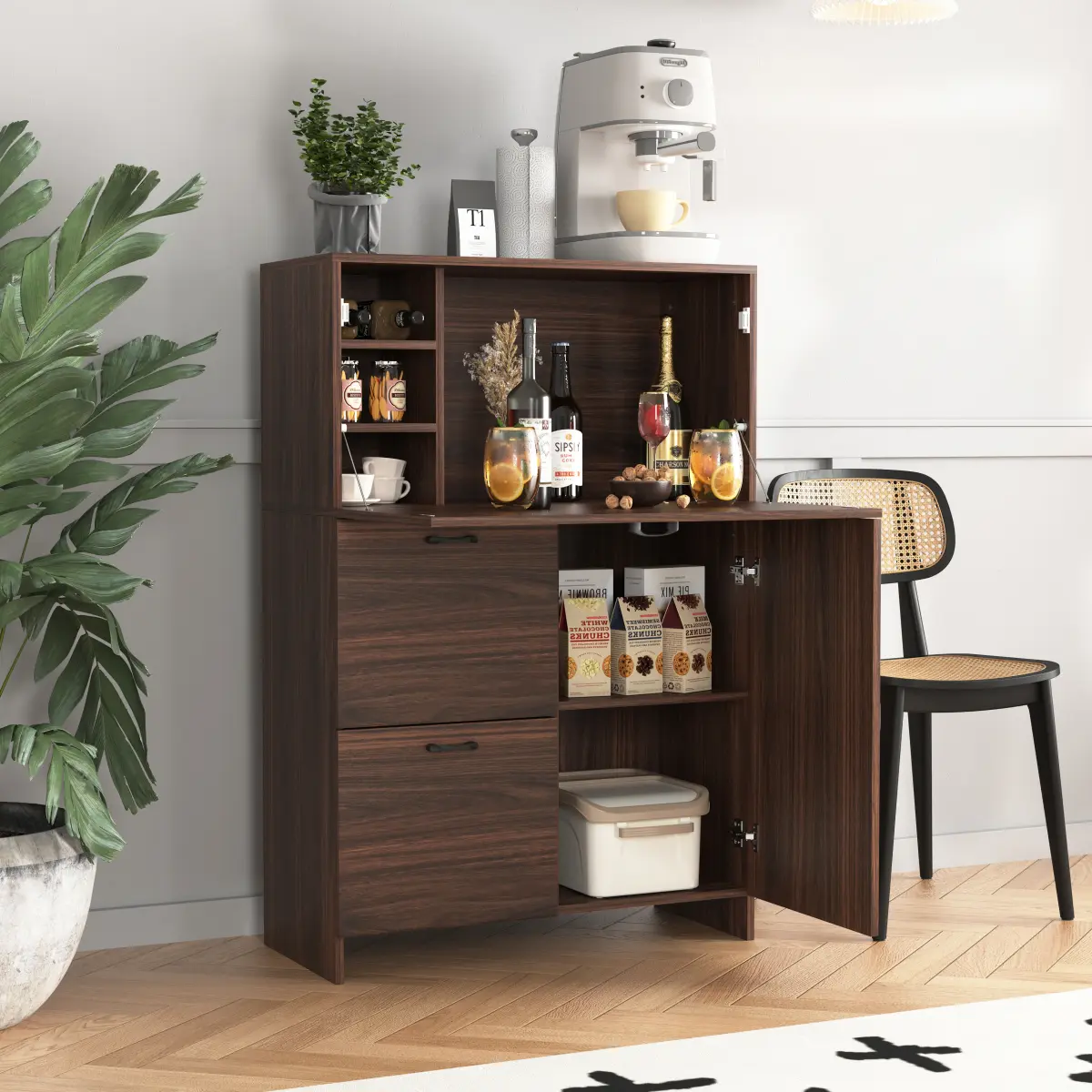 Space-Saving Walnut Particle Board Fold-Down Wall Desk Cabinet, 31.49*13.78*47.2 in, 4 Upper Compartments, 2 Drawers, 2 Bottom Shelves, 75KG Load, Assembly Required, Multi-Purpose Writing Vanity for Small Space Dorm Home, Wood Grain, With Drawers And Hand
