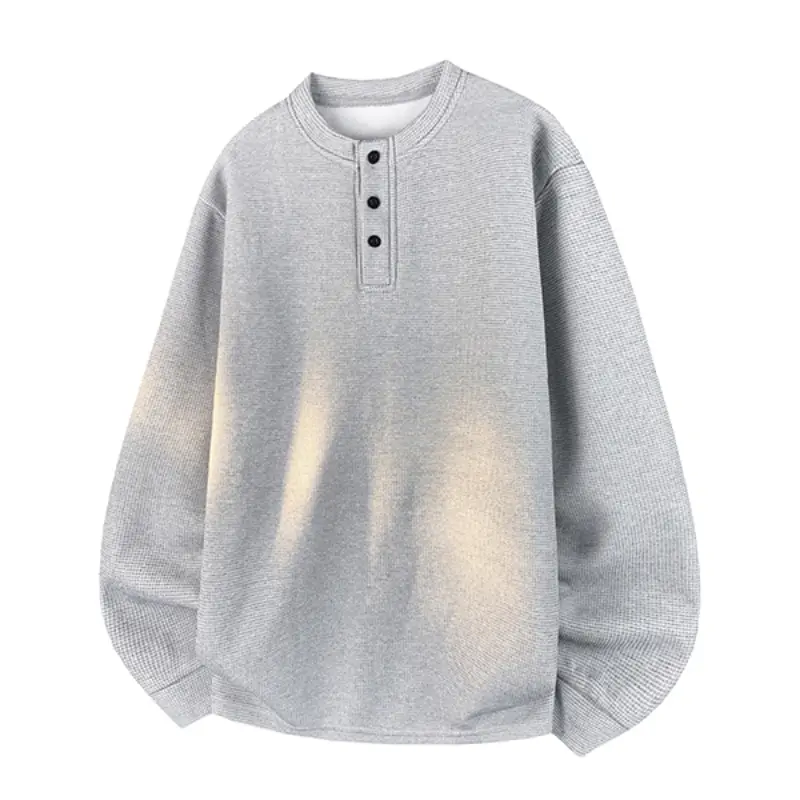 Men's Classic Waffle-Knit Henley Shirt, Long Sleeve Casual Streetwear with a Relaxed Fit and 3-Button Placket, Knitwear, Stylish, Menswear, Plain, Hangable, Loose, Polyester, Clothes