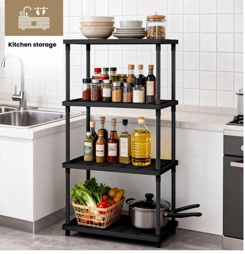 4-Tier Plastic  and Metal Freestanding Shelf Bathroom Organizer,Space-Saving And Utility Shelving,Shelving Unit Storage Rack Organizer for Home, Garage, Basement, Shed and Laundry Room