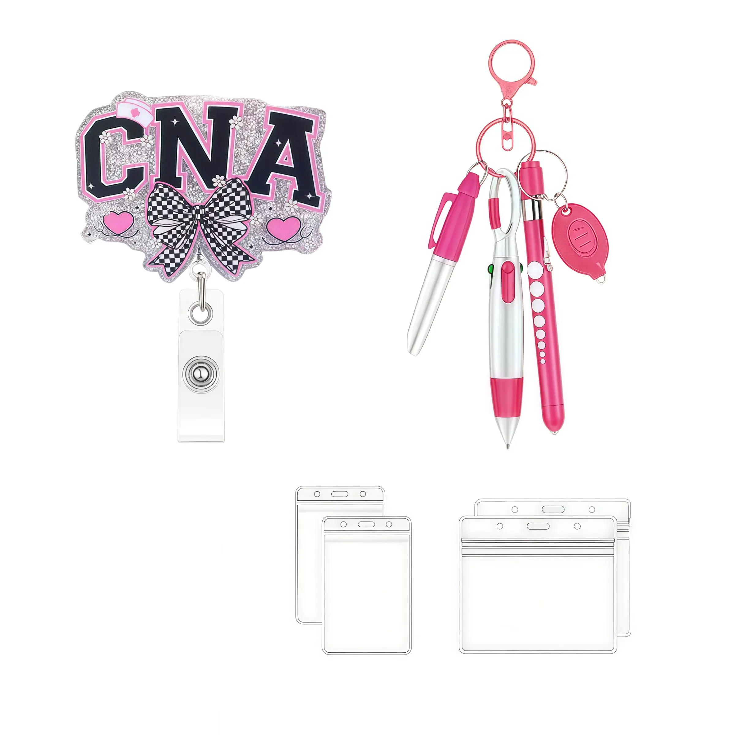 Cna Badge Roll with Nurse Pen Set, Cute Bow Shiny Extendable ID Badge Clip, Includes Permanent Marker, Ballpoint Pen, Waterproof Card Protector, Badge Reel, Nursing Student Badge Reel, Medical Badge Reel