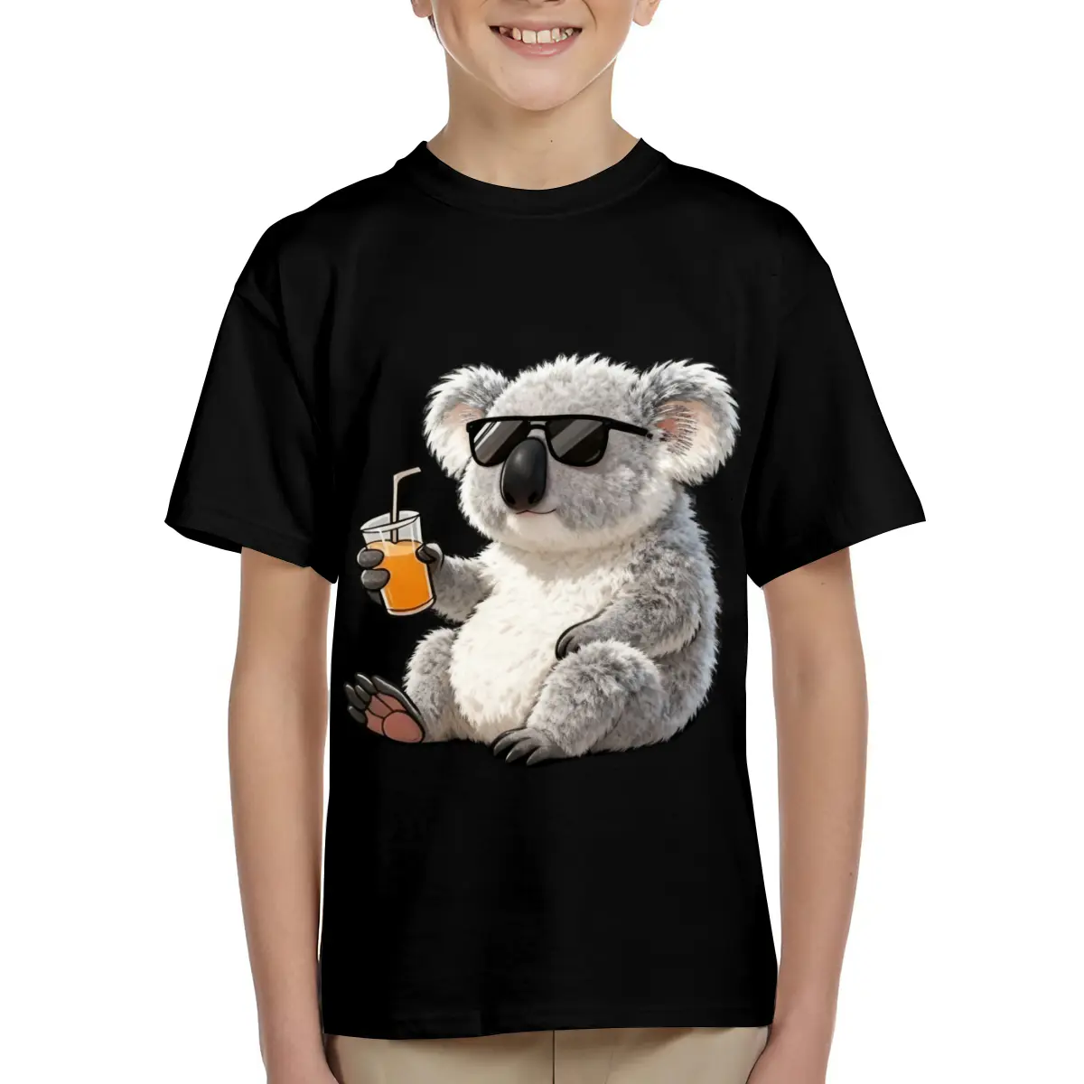 Cool Koala Sunglasses Orange Juice Print Kids Short Sleeve T-Shirts Cotton Soft Breathable Crewneck Tees for Boys Girls, Loose Fit Comfortable Basic Tops for 6-15 Years Summer School Casual Wear