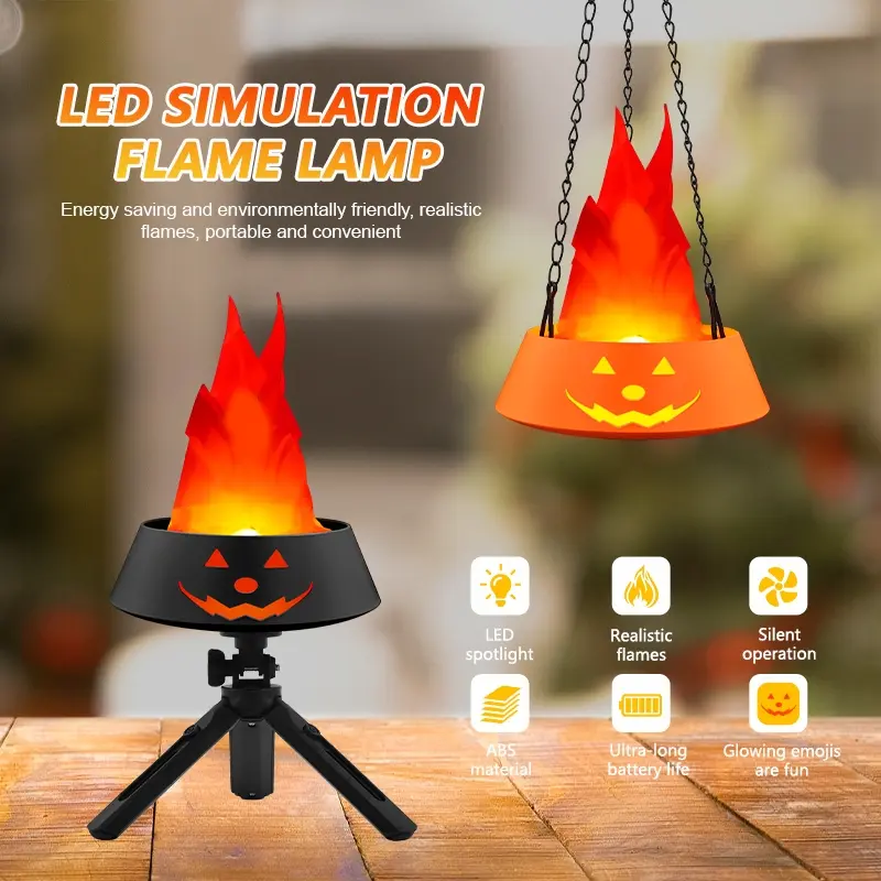 Halloween Pumpkin Flame Lamp with Tripod, Realistic Fire Effect, Party Home Decor, Stage Bar Lighting, Atmosphere Decoration