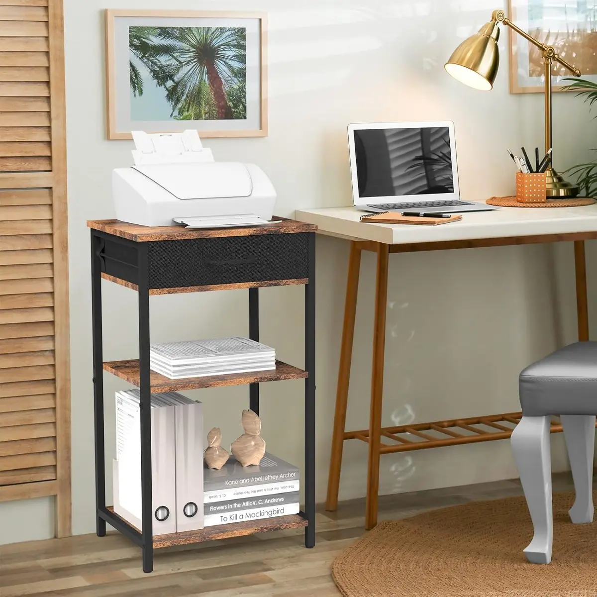 Freestanding Industrial 3-Tier Printer Stand with Steel Legs, Metal Frame, Wooden Board, Fabric Storage Drawer, Open Shelves, Adjustable Foot-Pads - Office Furniture Side Table, Keeps Space Organized, Living Room Use, Fathers Day Gifts, Gift for Dad