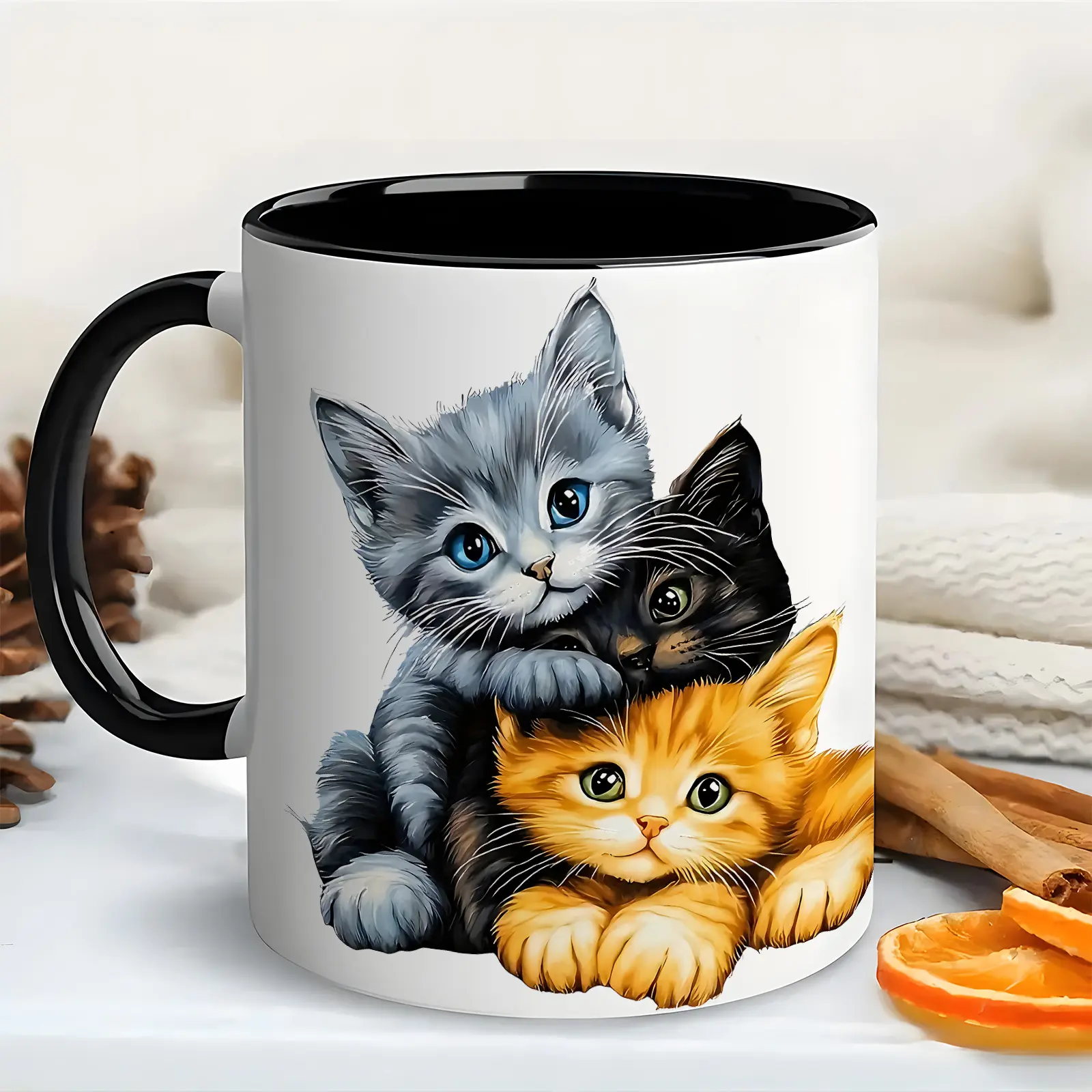 Single 11-oz Modern Geometric Cat-Themed Ceramic Mug - Cute Kittens & Animals Design, Durable Kitchenware Drinkware with Letters, Ideal Gift for Cat Enthusiasts, Home/Office Use