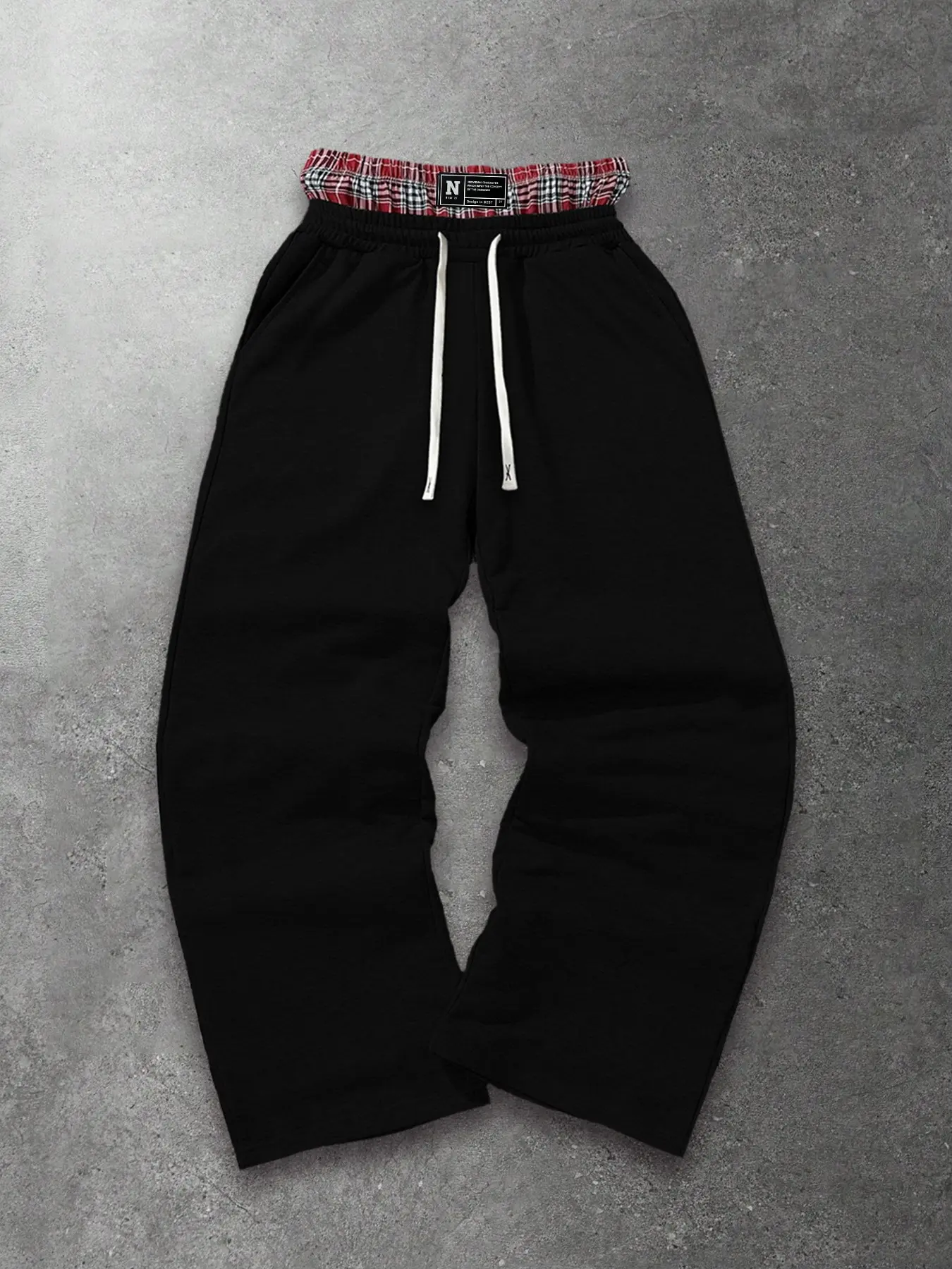 Double Waist Plaid Trim Sweatpants Stretchy Elastic White Drawstring Side Pocket Non-Binding Comfort Track Pants, Streetwear Trousers, Casual Sports Trousers for City Walk Skate Campus Daily Gym Training Coffee Date Weekend Casual OOTD Aesthetic Bott
