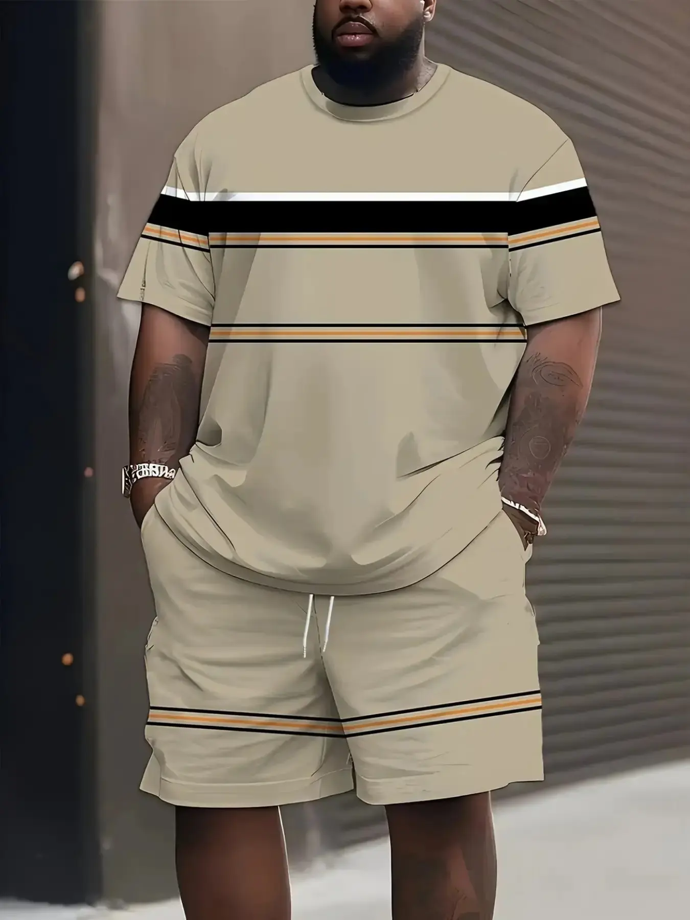 Men's Plus Size 3D Printed Casual Two-Piece Set, Short Sleeve T-Shirt + Shorts, Summer Outdoor Sports Wear, Loose Fit, Drawstring