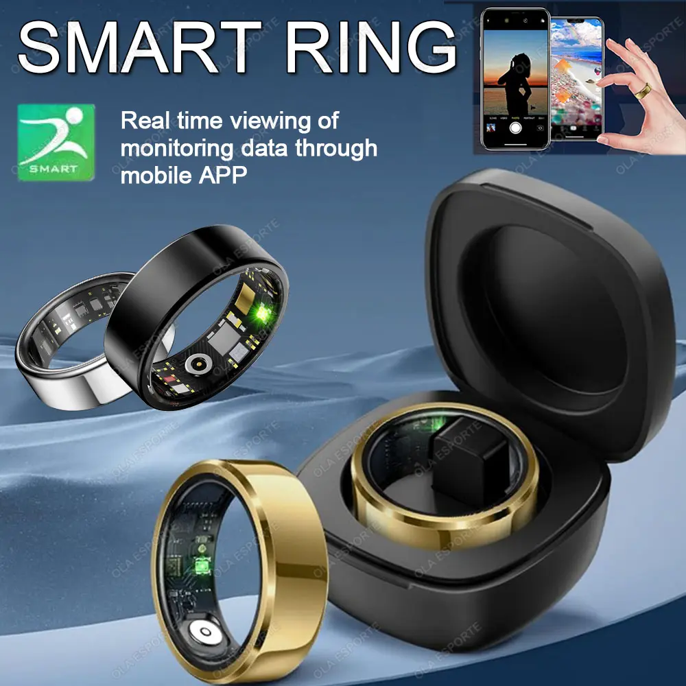 2025 Compact Round Digital Futuristic Smart Fitness Tracker Ring for Men/Women - Sports Technology, Blood Pressure, Heart Rate, Sleep Monitoring, Calorie Tracker, IP68+5ATM Waterproof, Multi-Sport Mode, Gold Wearable Device