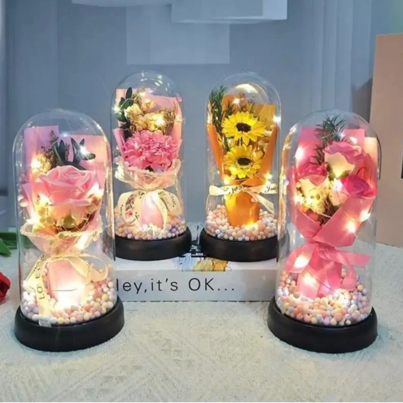 Lighted Bouquet Arrangement, 3-Piece Decorative Set with Artificial Soap Flowers in Acrylic & ABS for Home Decor & Gifting, Bouquet Flowers, Eternal Flower