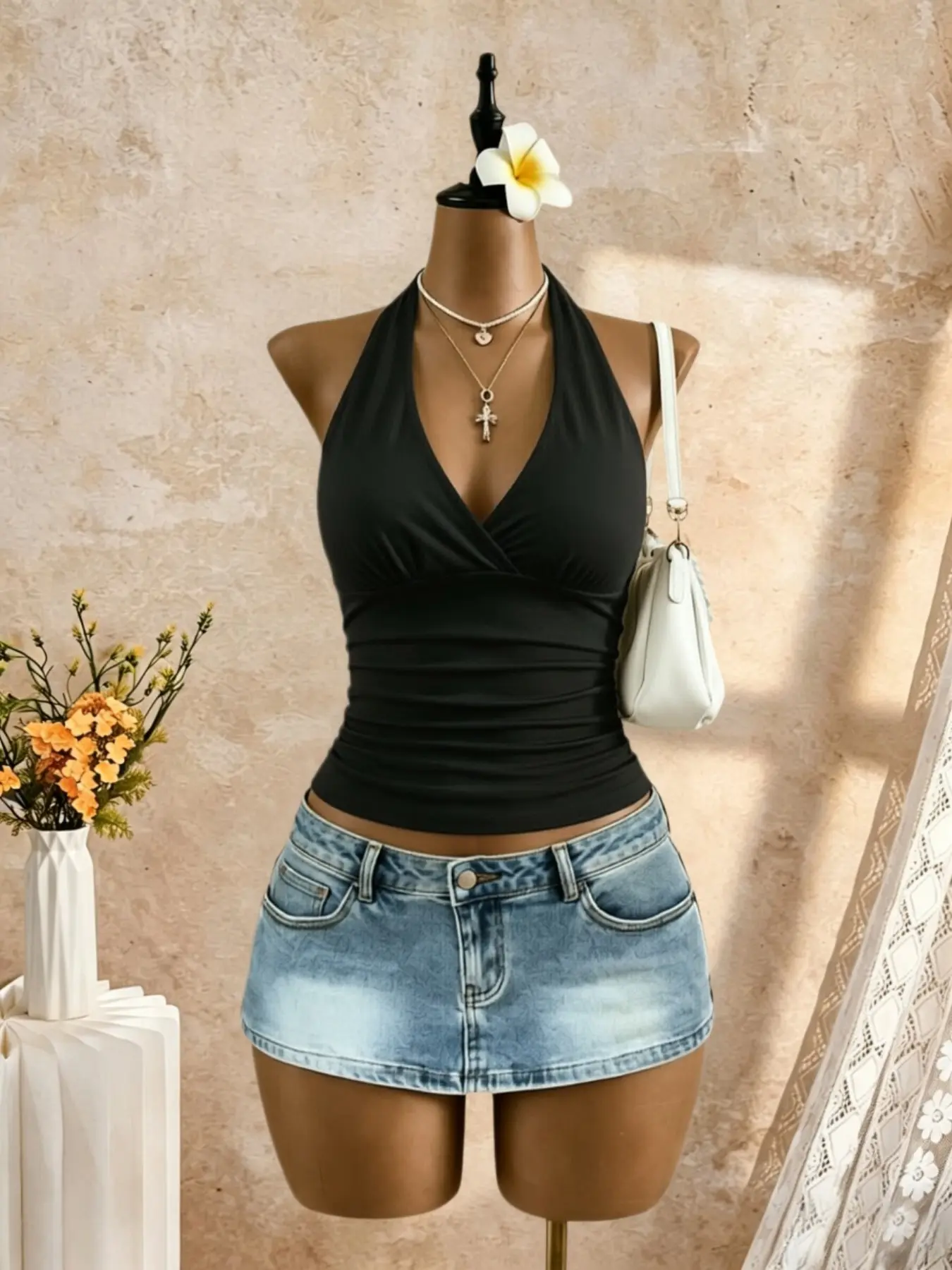 Polka Dot Deep V Neck Halter Strap Top, Busty Beach Vacation Waist Cinch Slimming Backless Top, Sexy Summer Fashion Casual Women's Clothing