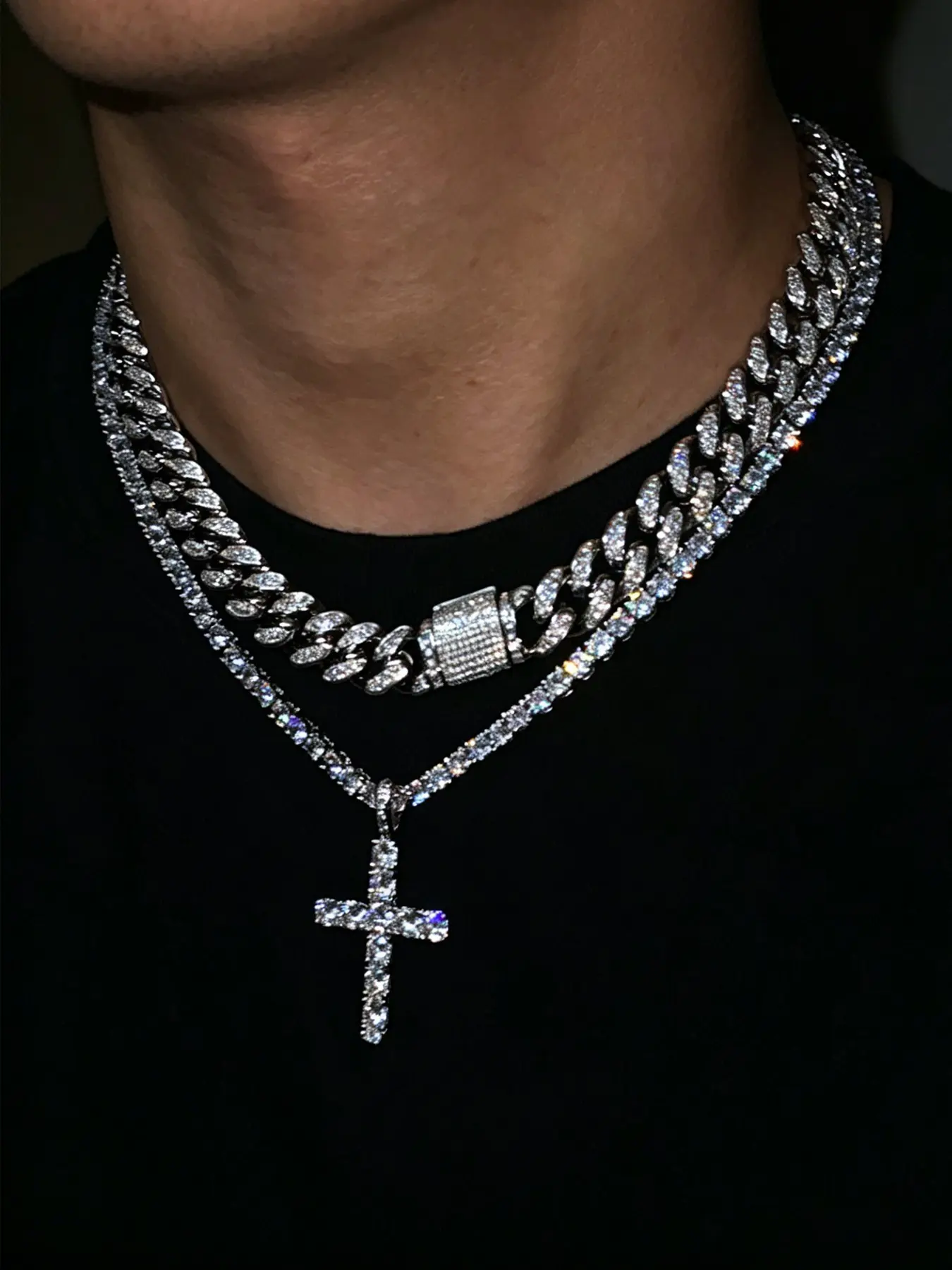 2Pcs Iced Out Cross Pendant Necklace Set, Bling Rhinestone Cuban Chain & Tennis Chain Layering Neck Jewelry for Men Hip Hop Streetwear Costume Jewelry Necklace