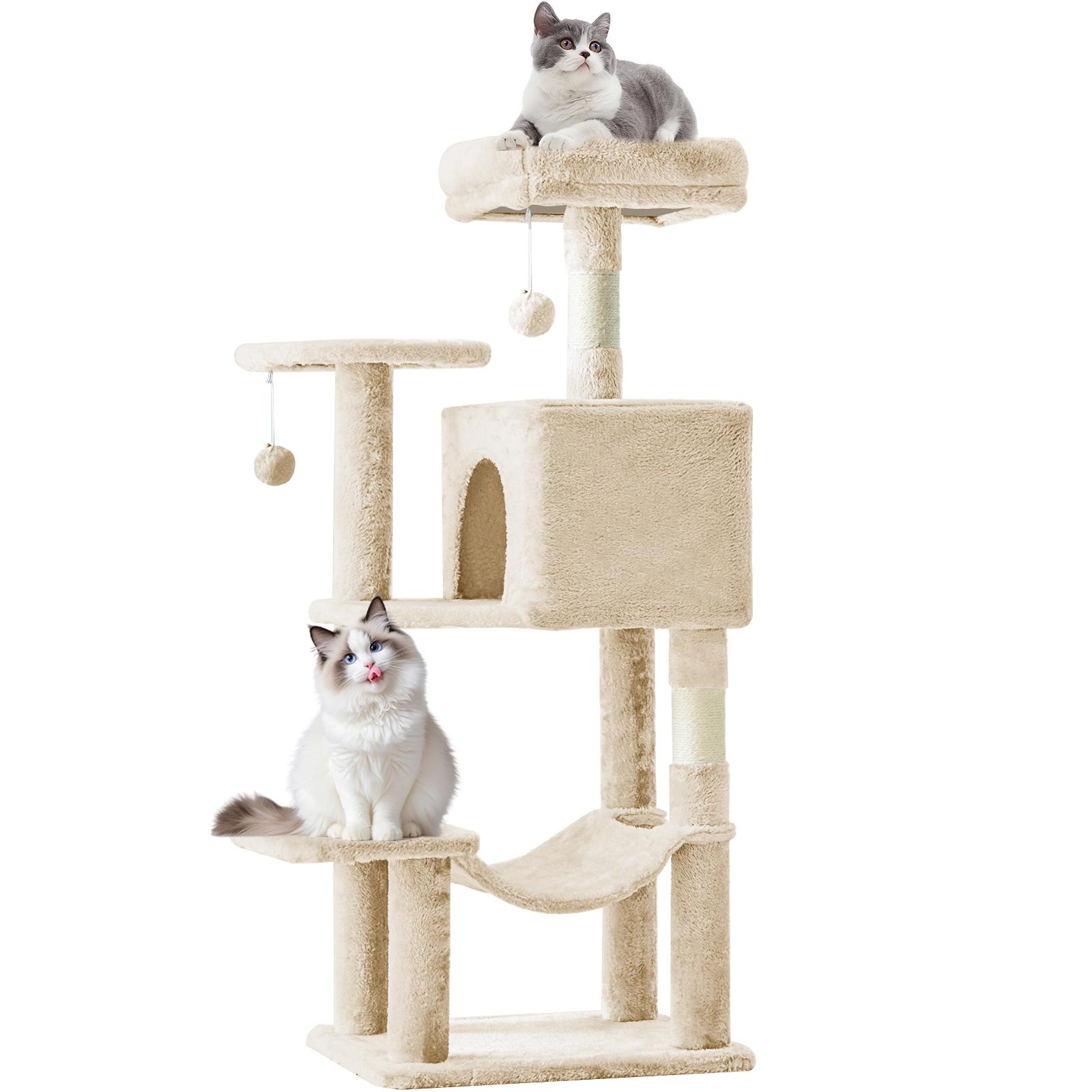 66 Inch Large Cat Tree Tower for Multiple Cats with 2 Condos 3 Perches Hammock Pompoms Extra Wide Platform Indoor Cat Activity Center