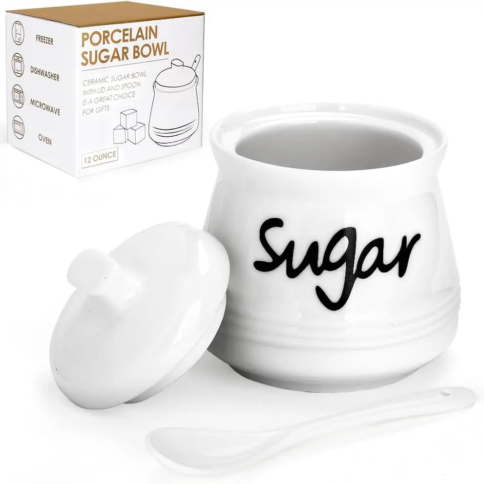 Ceramic Sugar Bowl with Lid and Spoon, 12 Ounces Porcelain Sugar Jar Sugar Dispenser, Sugar Container for  and Kitchen Decor (White)