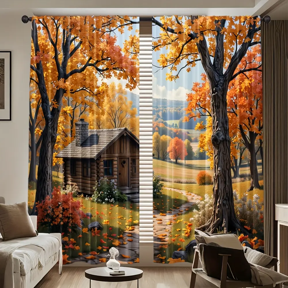 2-piece set, curtain fabric, autumn vintage forest style, durable 100% polyester fabric (excluding rod, no movable function, no battery) features heat insulation and light blocking, suitable for living room, bedroom, kitchen, dining room panel cortinas es
